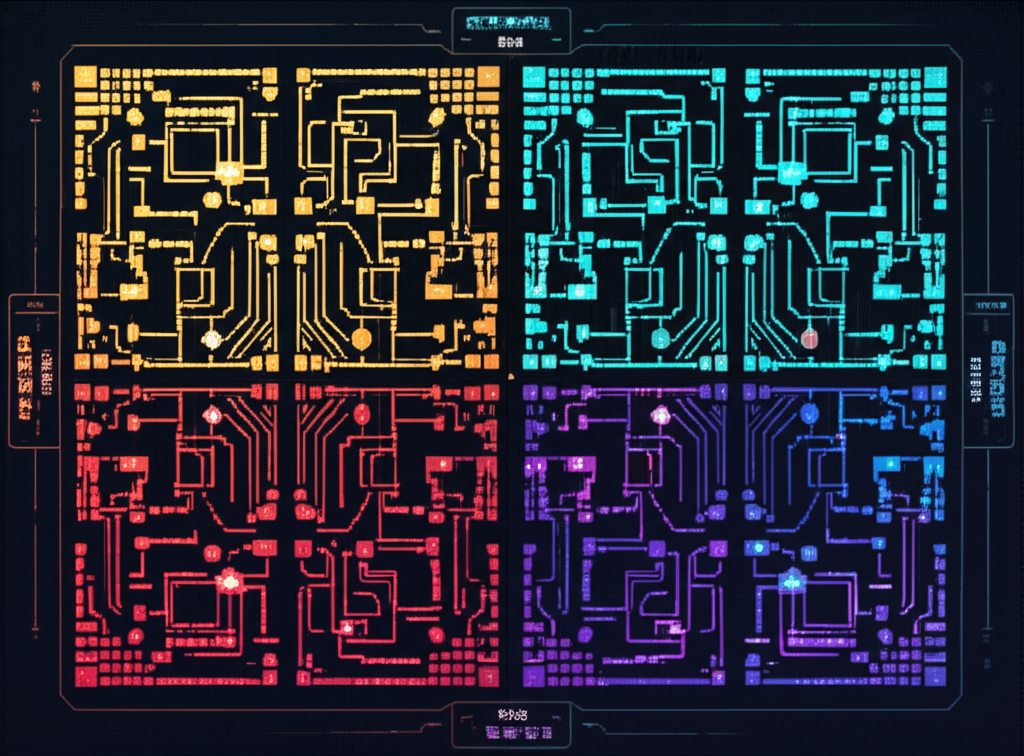 CyberIdle skill tree showing four quadrants: Cyborg, Hacker, Industrial, and Network