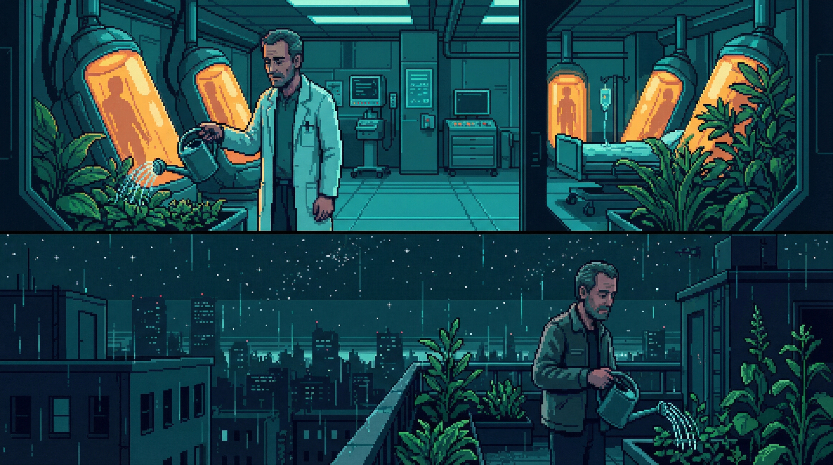 Felix Otieno — plant green against medical amber by day, moonlight silver against rooftop dark by night