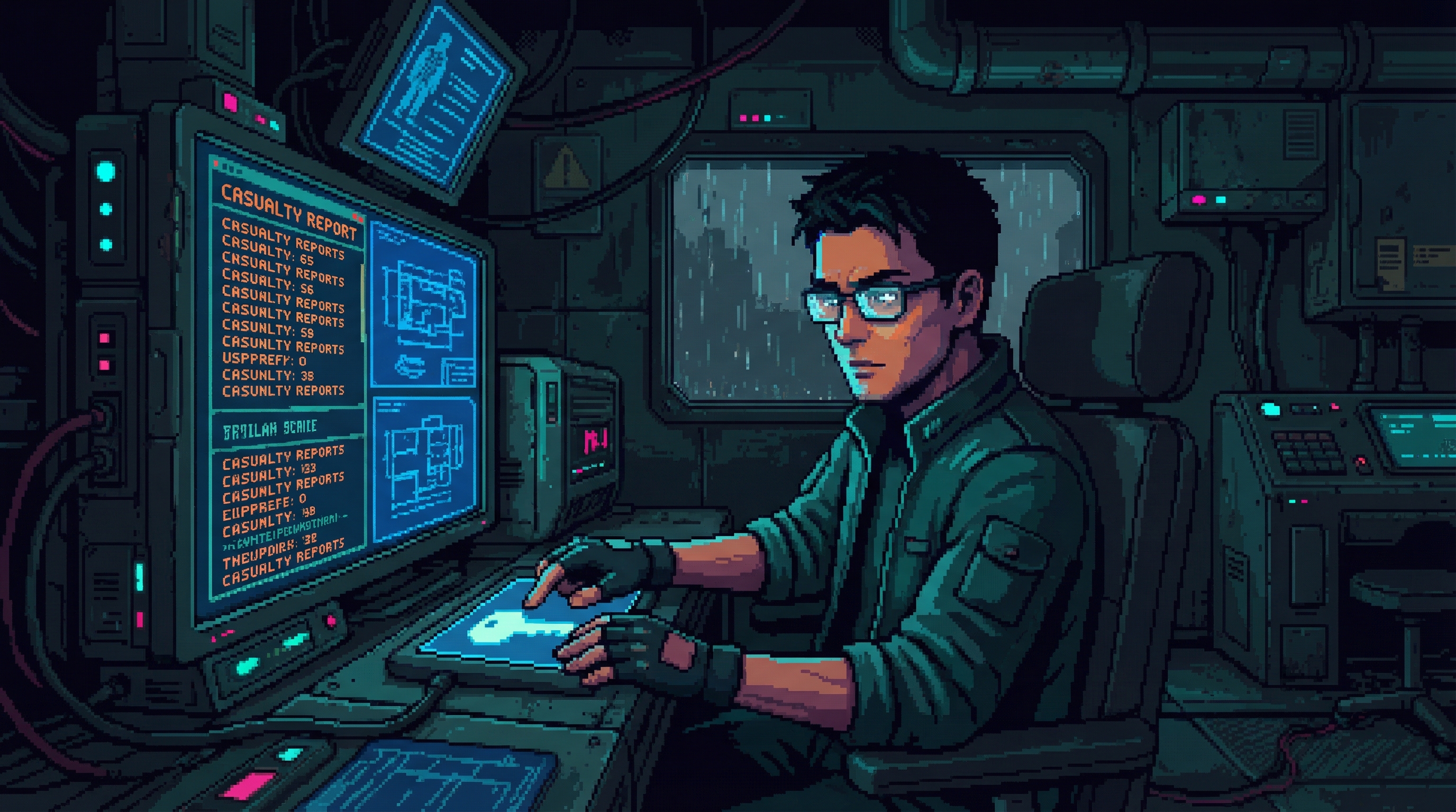 Kaito Vasquez — Targeting Systems Engineer at a terminal in darkness, casualty reports reflected in his glasses