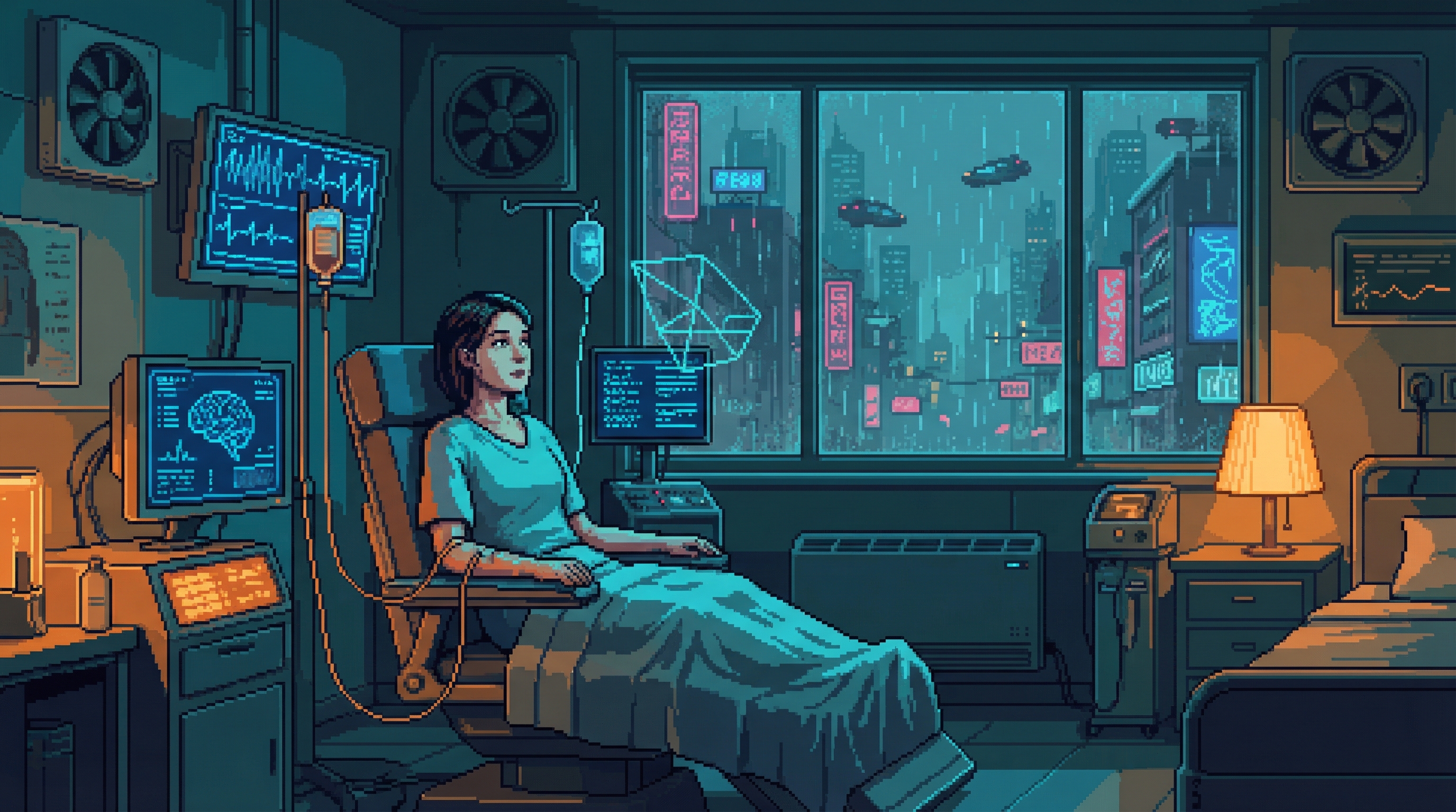 Mira Okonkwo in the Helix care facility, eyes tracking invisible patterns