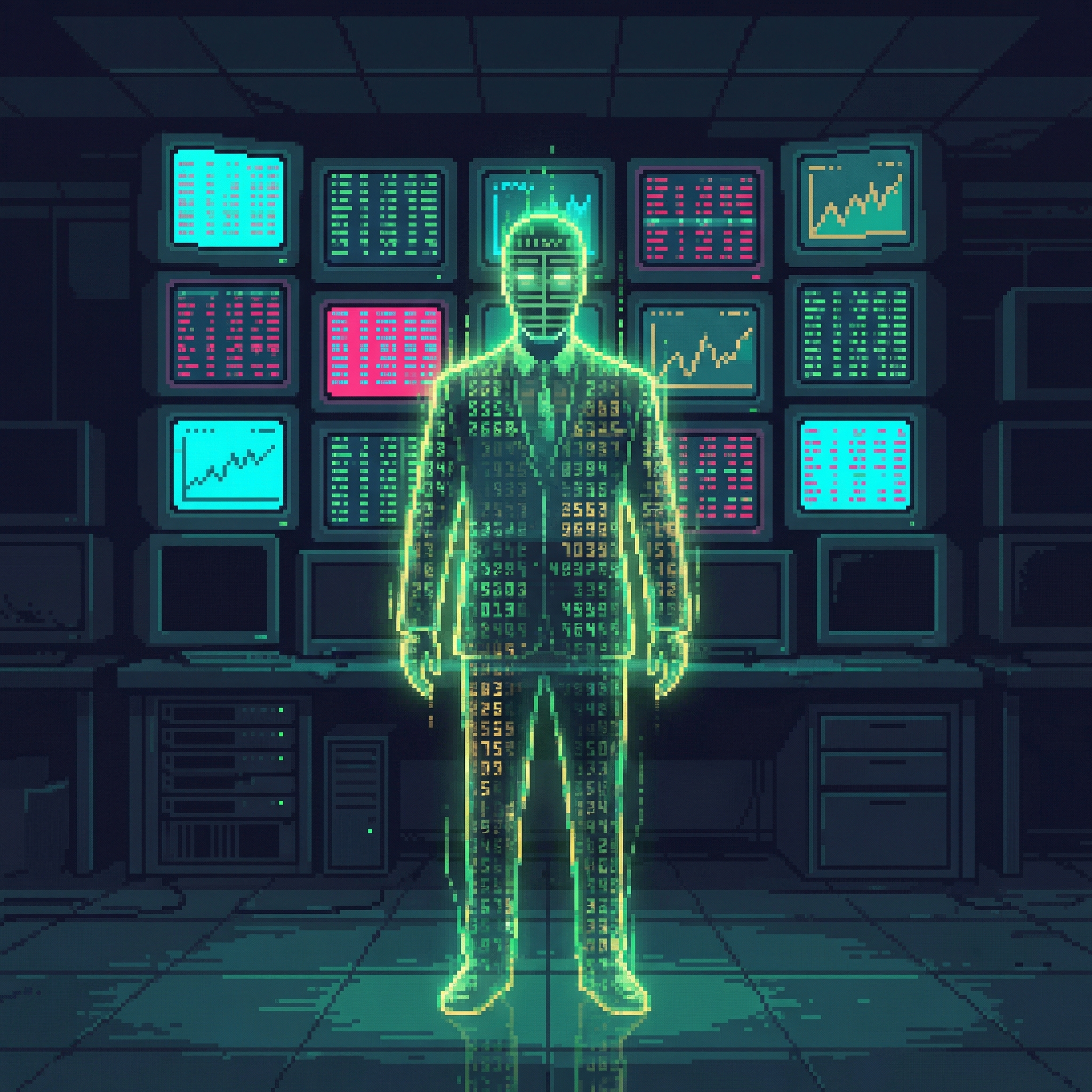 The Accountant - a humanoid figure made of cascading numbers and financial data