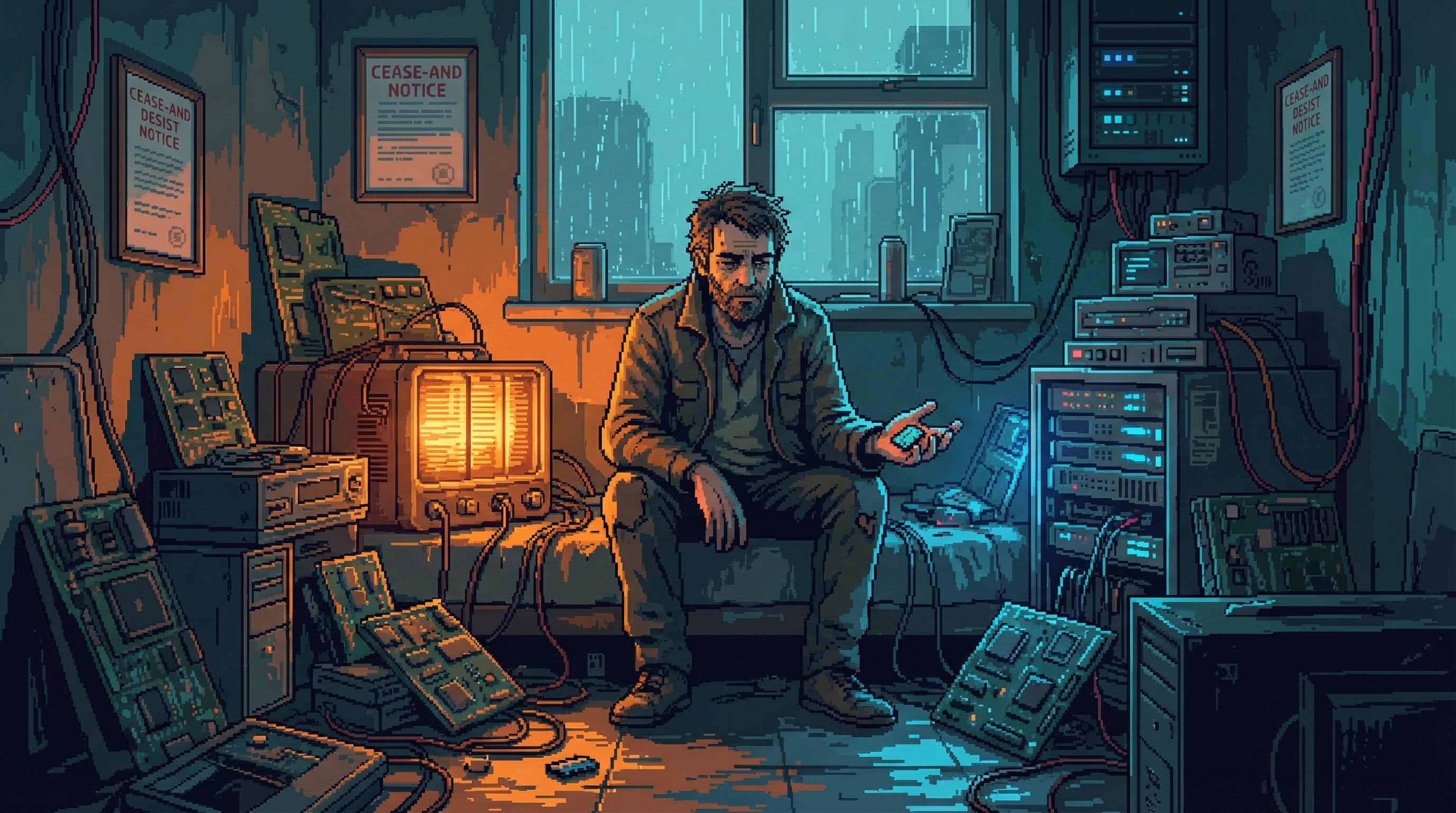 Oren Vasquez-Mbeki in his Dregs apartment, surrounded by salvaged components, amber interference glow mixing with blue corporate tech