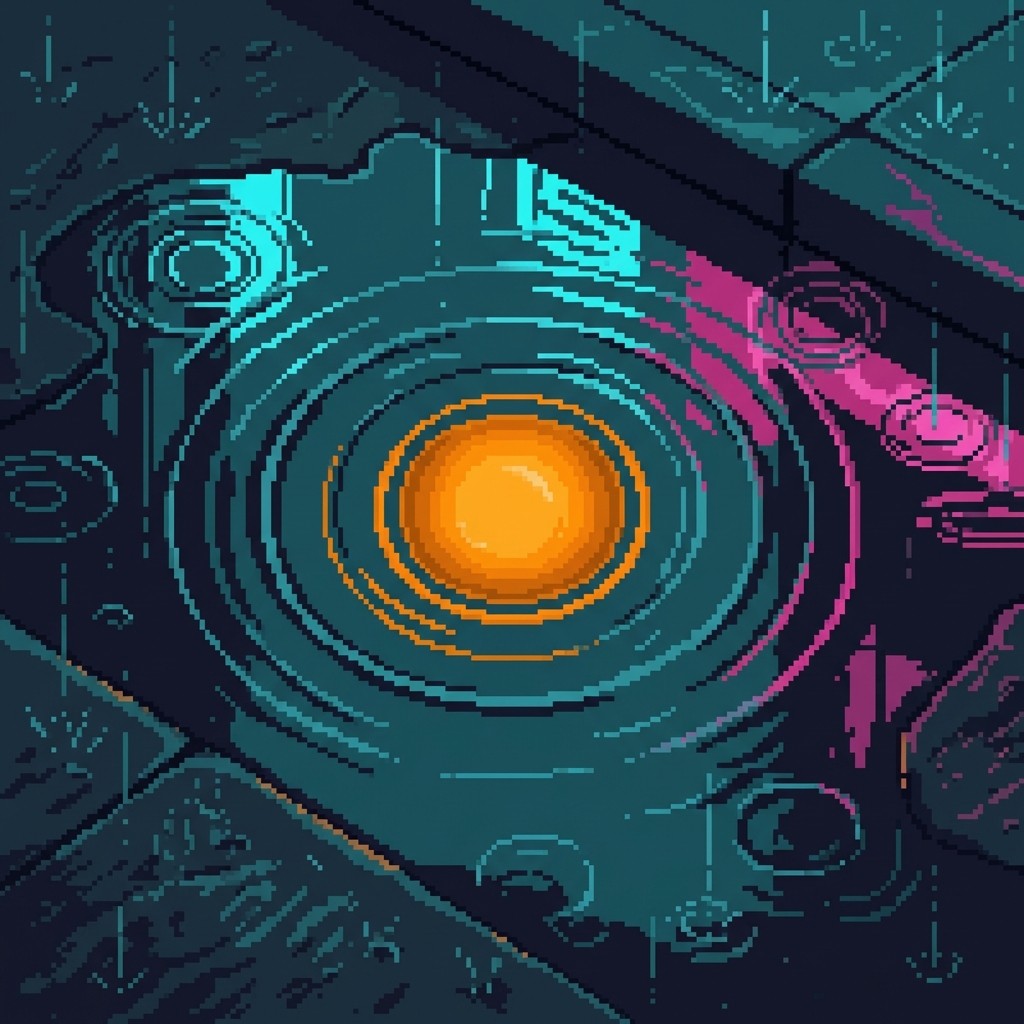 The amber pulse — Sponge's broadcast signature reflected in a rain puddle