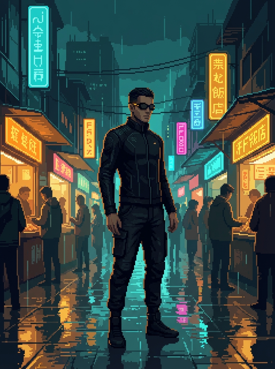 Sponge walking through a neon-lit street market