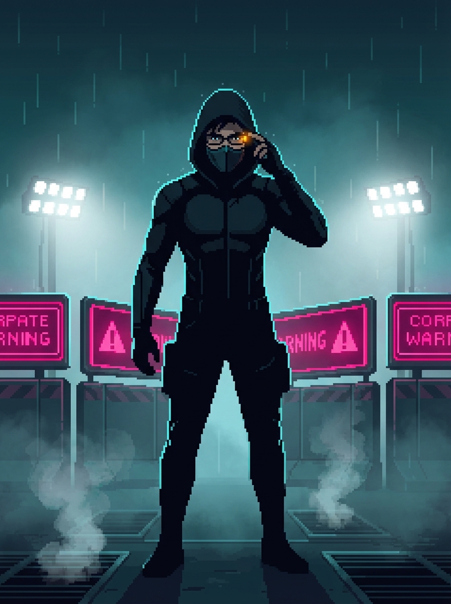 Sponge in operative mode — hooded, masked, amber light glowing in a corporate exclusion zone