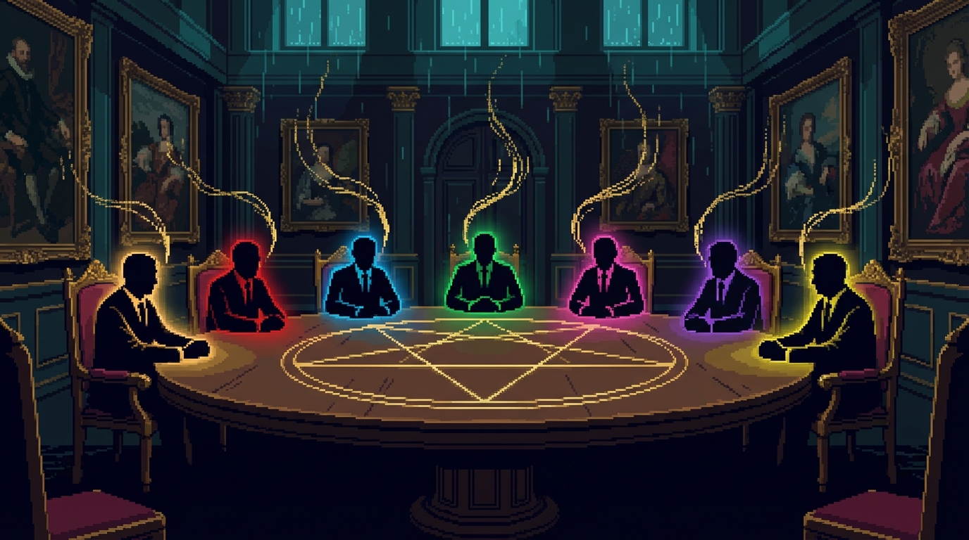 Seven shadowy figures seated around an ancient table, each illuminated by a different colored light representing their corporate domain, with a seven-pointed star glowing faintly on the table surface