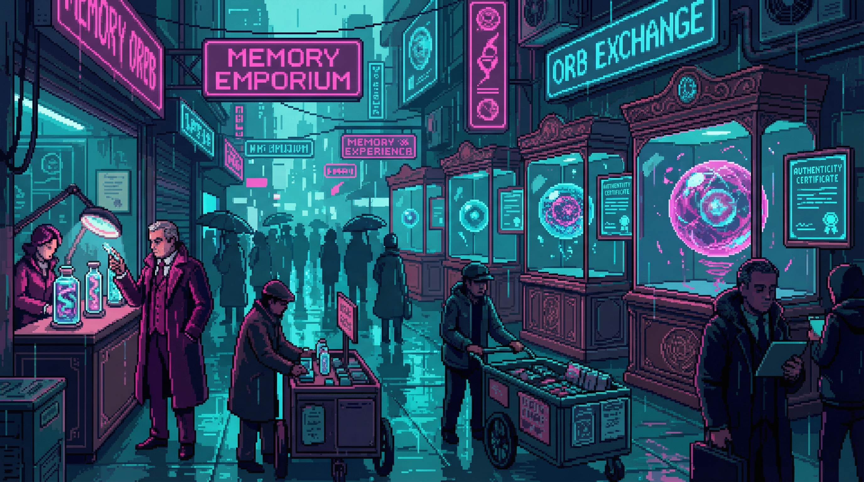 A neon-lit market bazaar where holographic memory orbs float in display cases, authenticity certificates glow on screens, wealthy collectors examine experiences in glass vials while street vendors sell cheaper copies from carts below