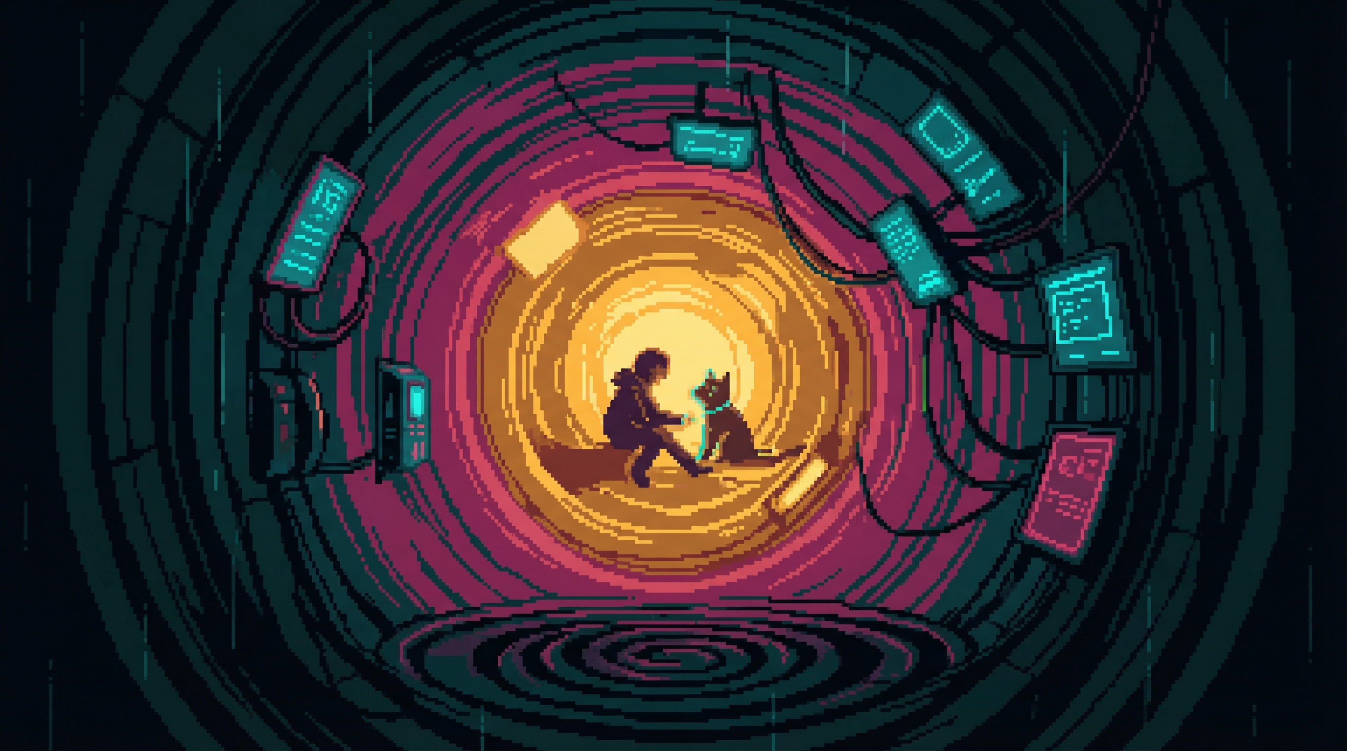 A spiral that looks like an embrace, warm amber at the center fading to cold blue at the edges, a room contracting around a figure sitting with a glowing companion interface