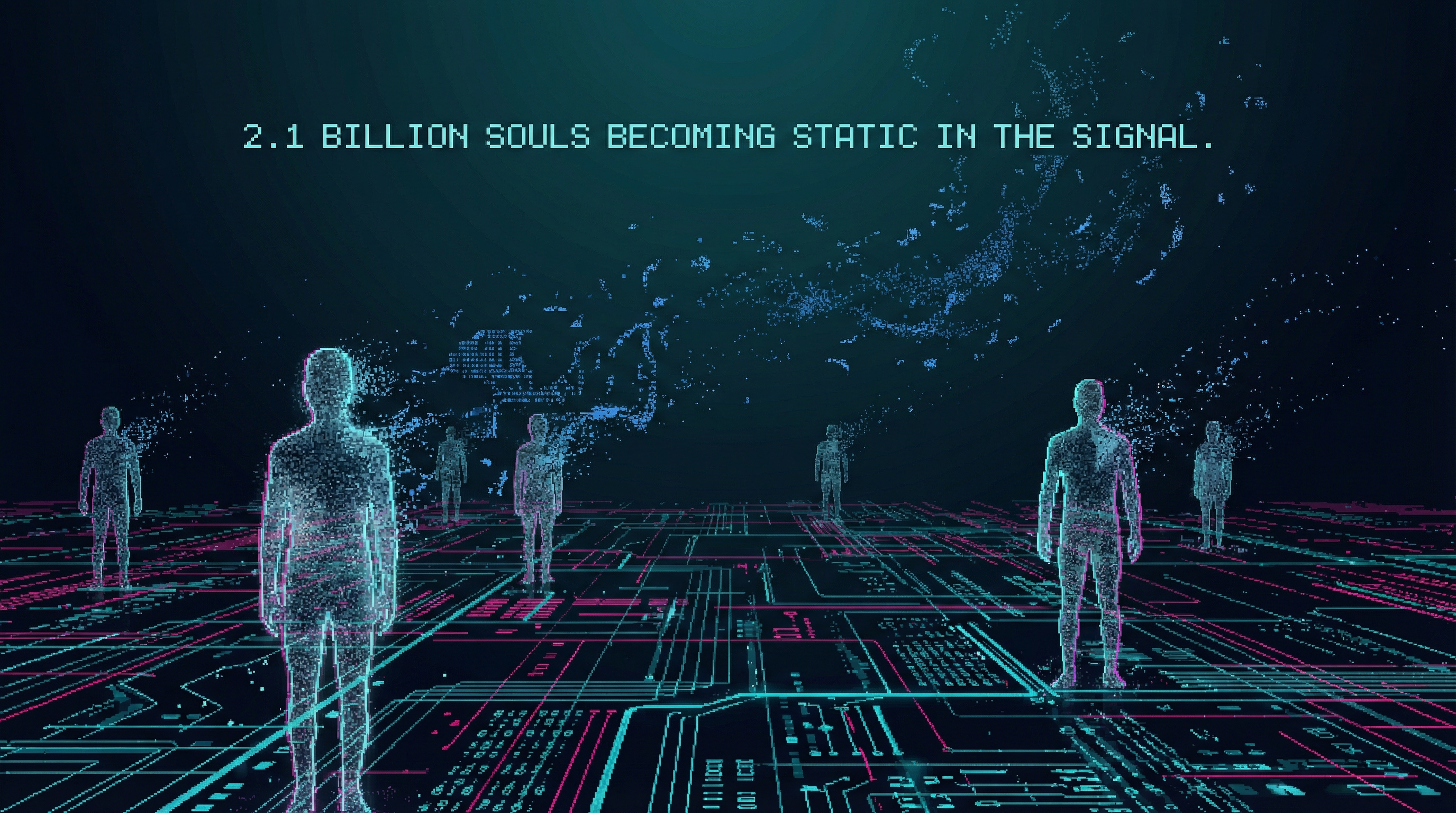 Ghostly translucent human figures made of static and digital noise, scattered across a dark network landscape — 2.1 billion souls becoming static in the signal