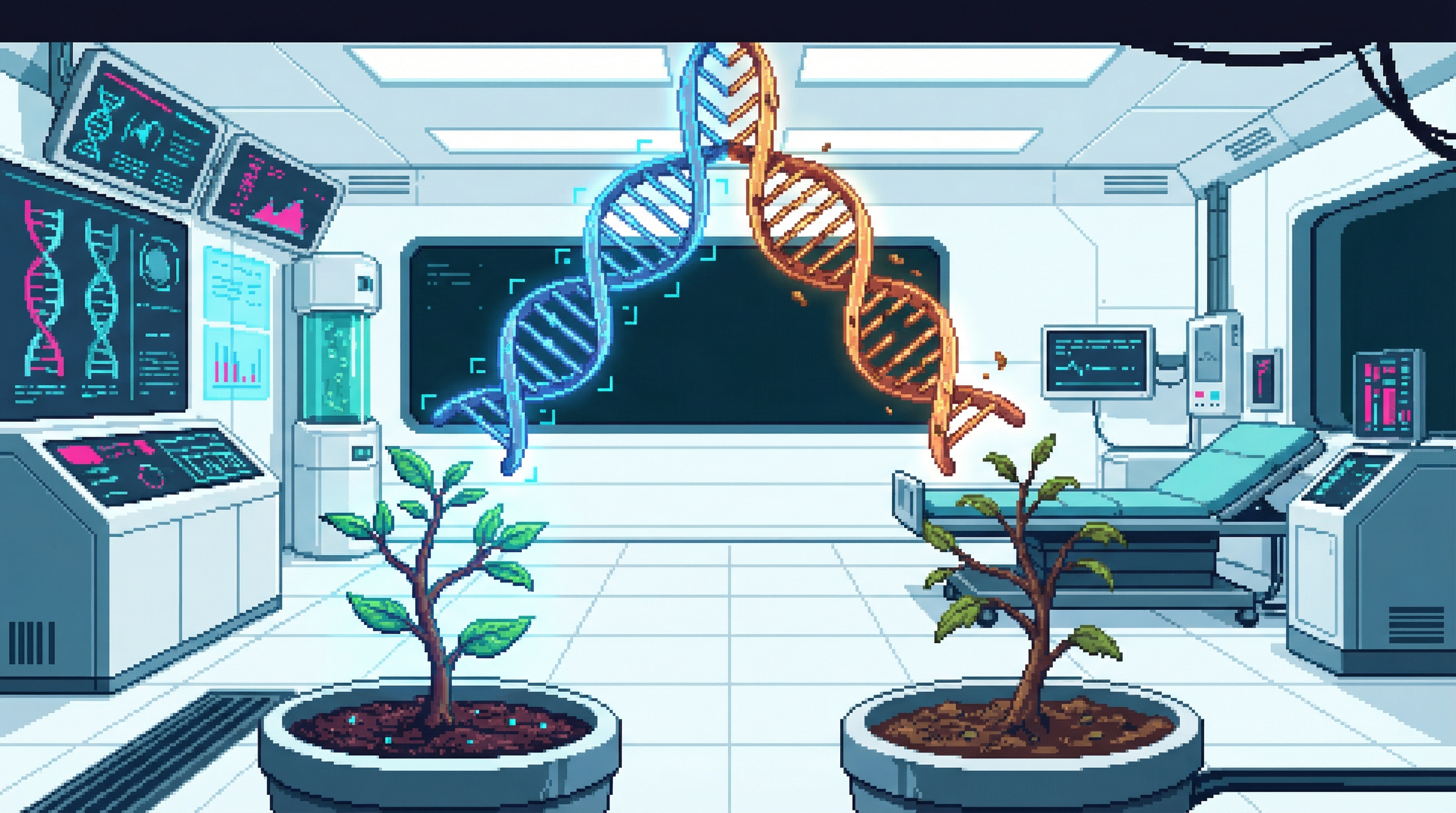 Two DNA double helices diverging from a single point -- one glowing with precise luminous blue optimization markers, one warm organic amber with natural imperfections, in a clinical white laboratory with holographic genetic data displays