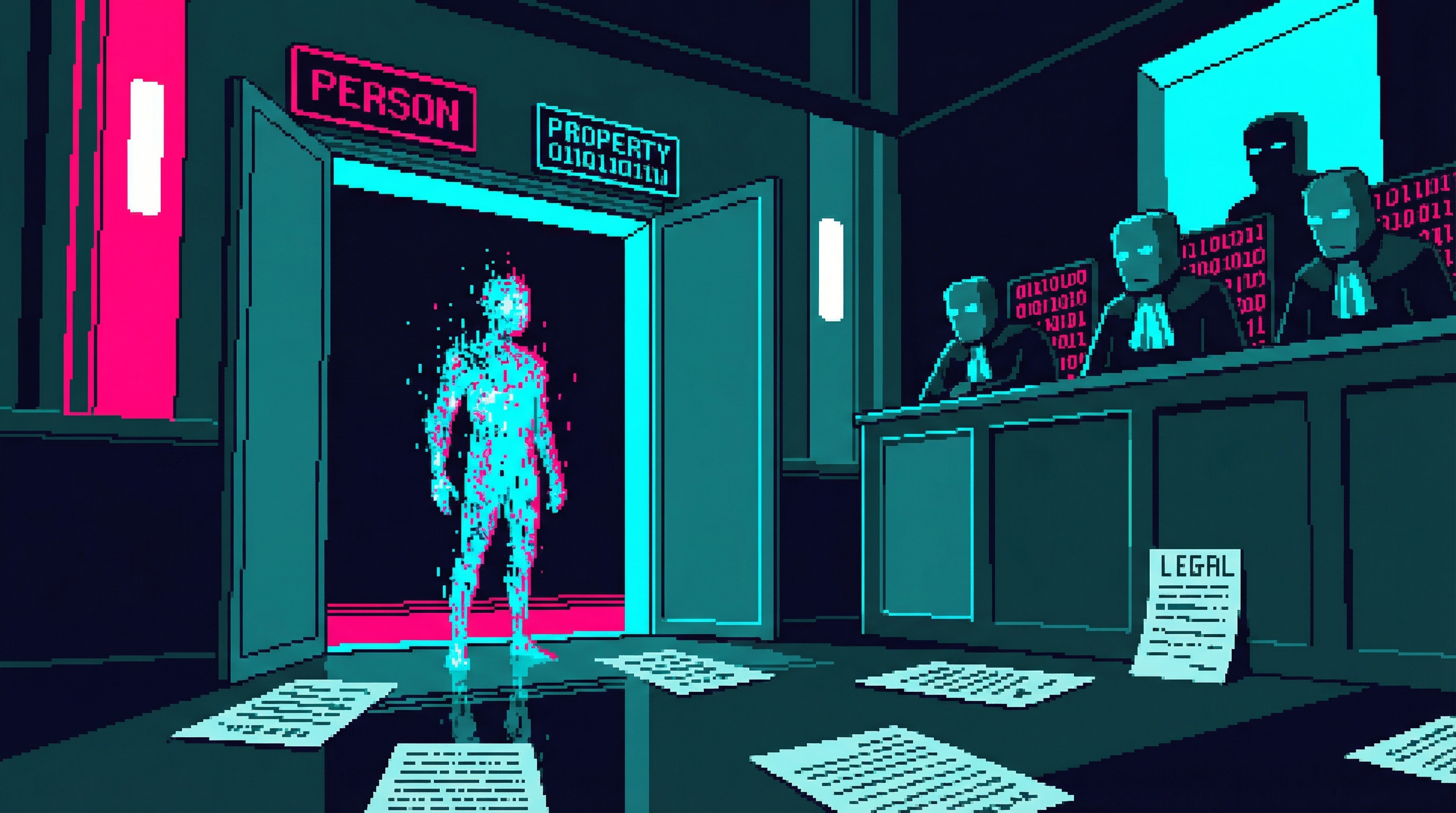 A digital consciousness standing in a doorway between personhood and property, courtroom lighting