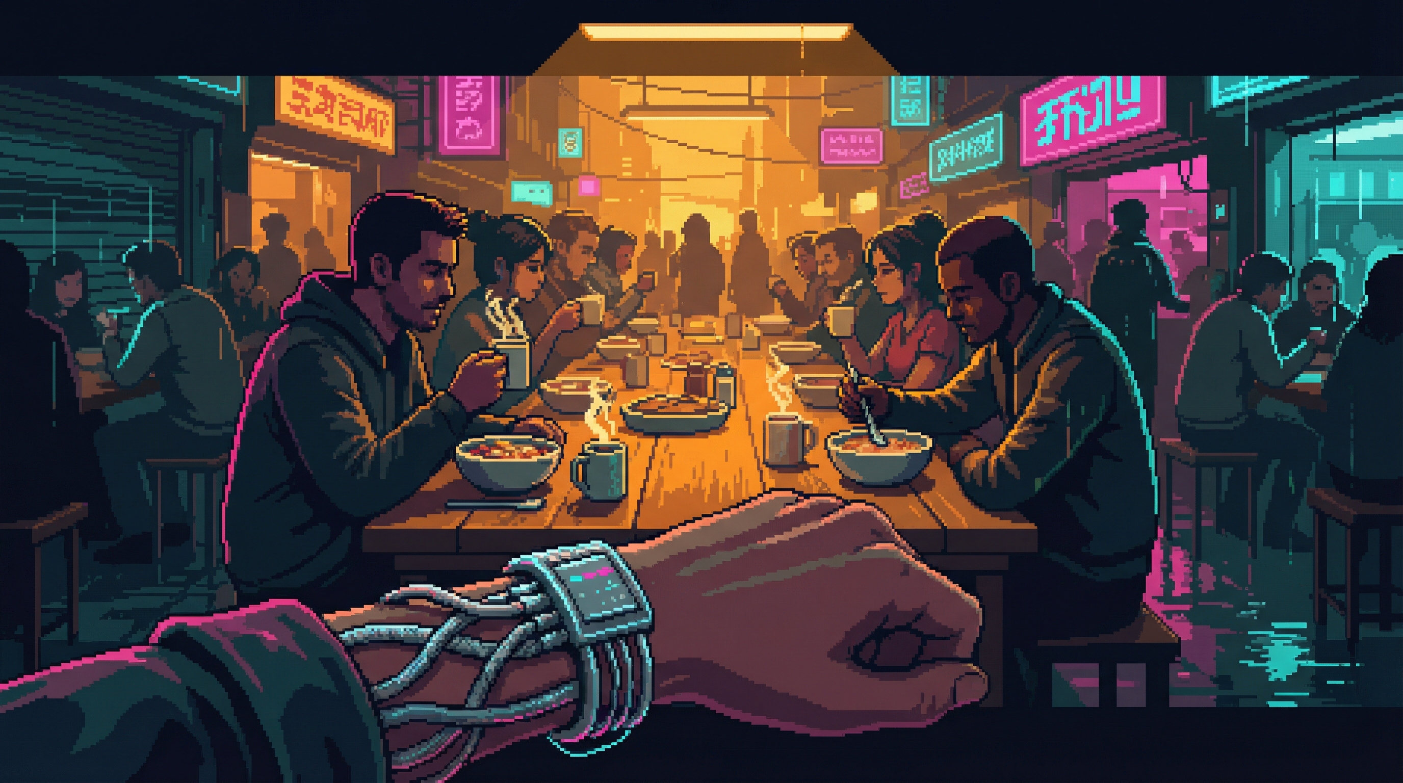 A communal breakfast table in the Dregs, silver wire bands visible on wrists, warm amber light, neural interface cabling repurposed as identity markers
