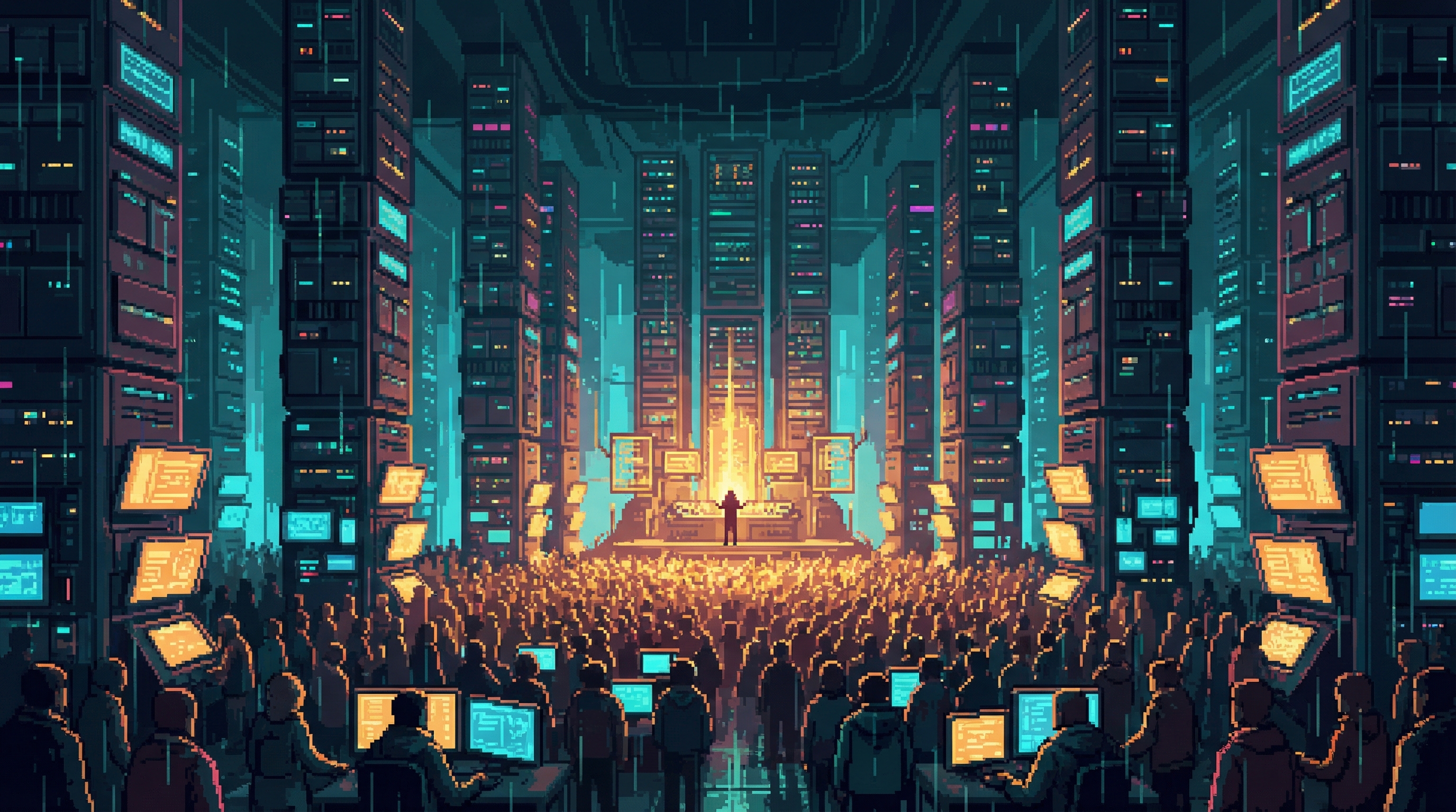 Parish Prime gathering hall at capacity — amber and blue light from a thousand diagnostic screens washing across eight thousand upturned faces, server rack pillars towering into darkness, a small figure at the routing array altar