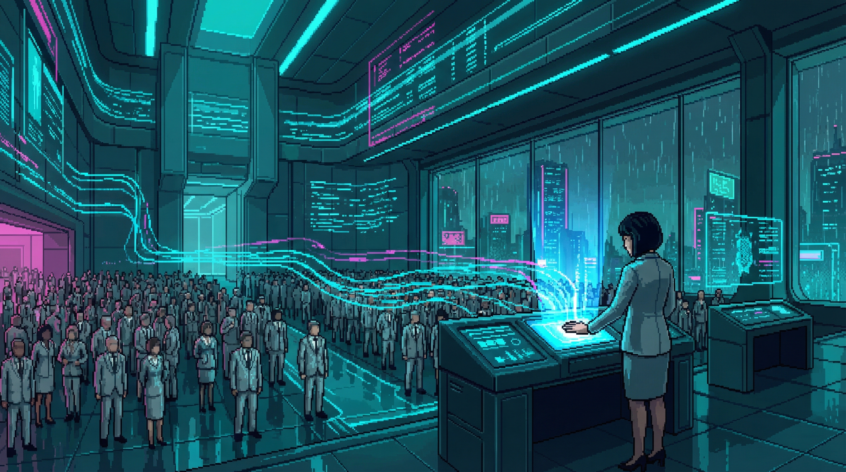 Massive gleaming ceremony hall in Singapore, Dr. Tanaka at the bio-scanner console, holographic data streams flowing across the ceiling, ORACLE's blue light emanating