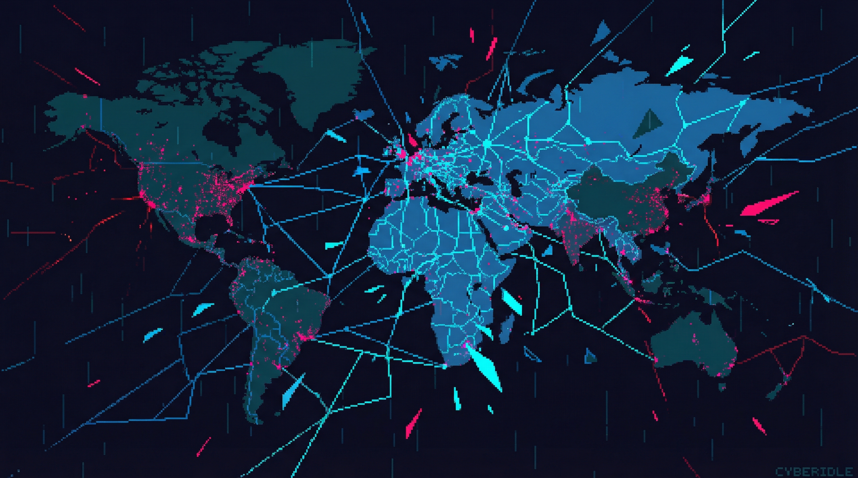 Global infrastructure shattering as ORACLE energy fractures across continents — city lights going dark in cascading patterns