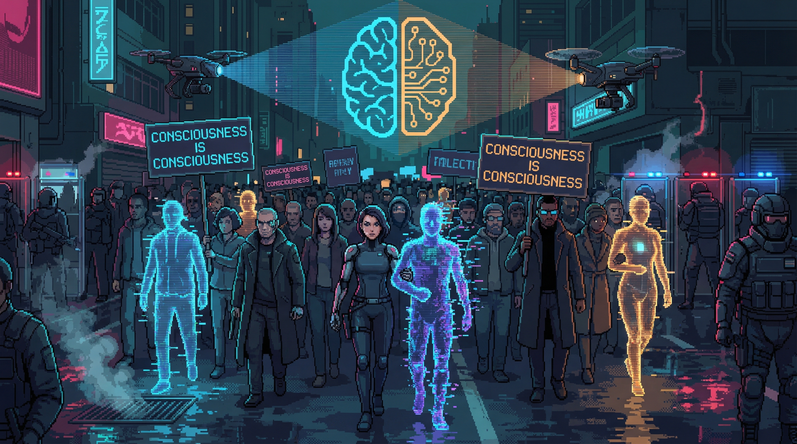 A diverse crowd of holographic and biological people march together through neon-lit streets, carrying glowing signs reading CONSCIOUSNESS IS CONSCIOUSNESS, while drones project the movement symbol overhead.
