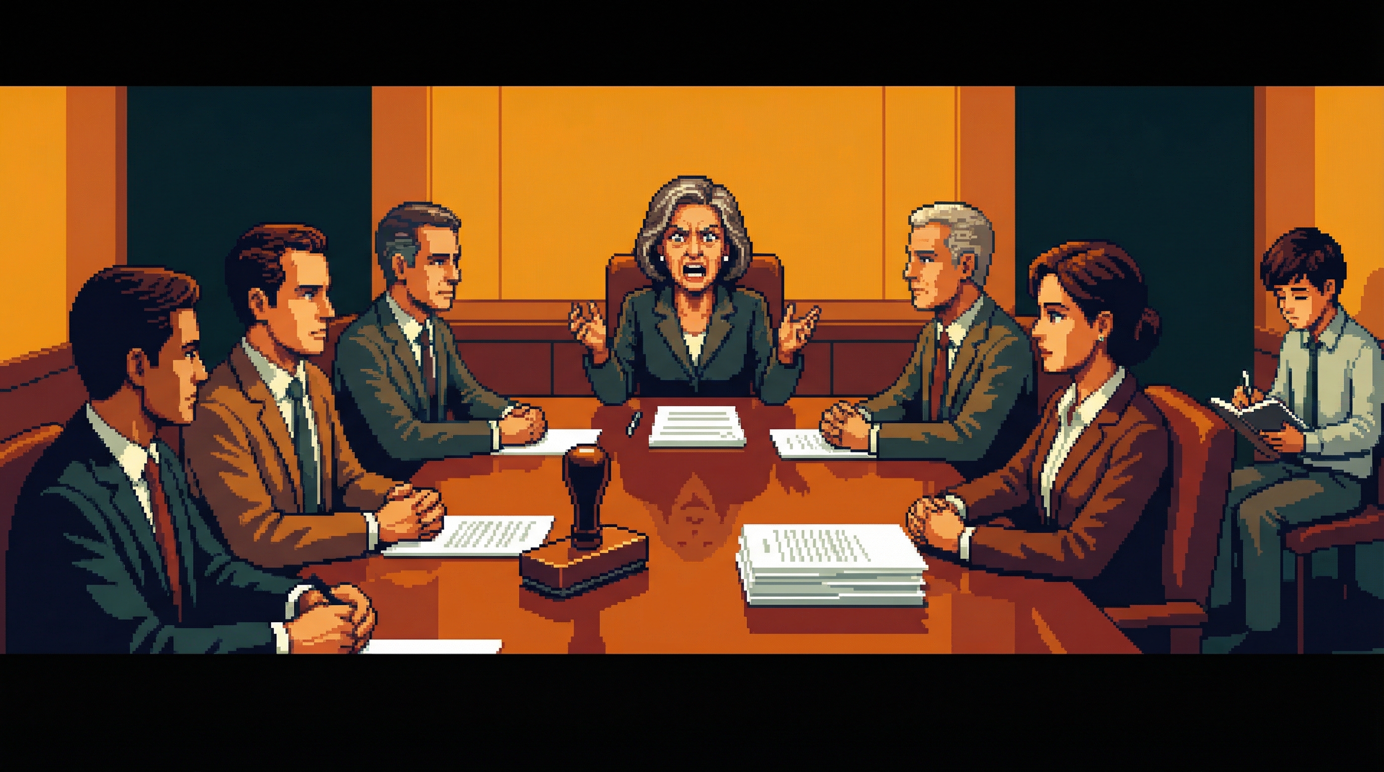 A boardroom scene with seven figures around a mahogany table — one woman speaking with intensity while six listen with practiced patience, a younger figure writing in a notebook nobody watches, warm amber lighting on document-white surfaces, a rubber stamp prominent on the table