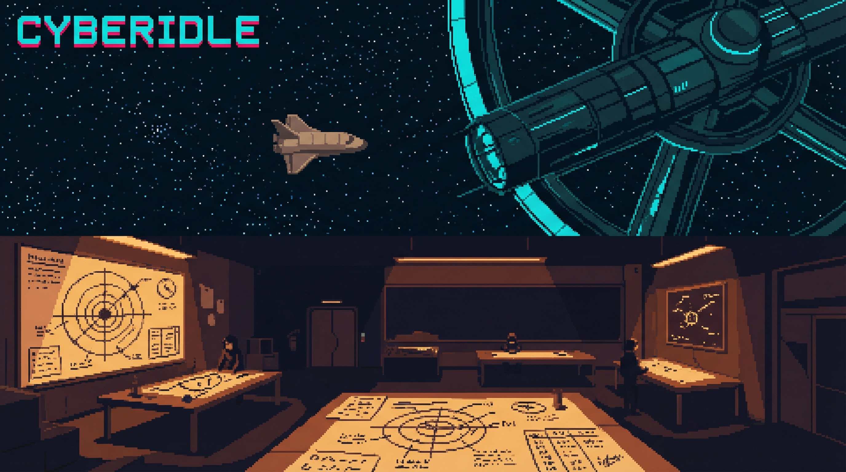 The Fragment Pilgrims — a shuttle approaching a vast dark orbital station, safe house below with orbital charts spread across tables in amber light