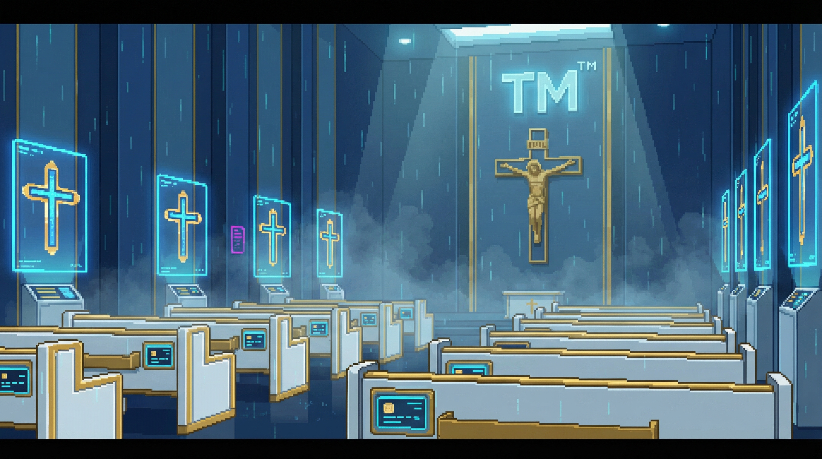 A Neo-Catholic Church franchise parish — corporate blue and gold, holographic stations of the cross, standardized pews with donation interfaces, sacred corporate atmosphere