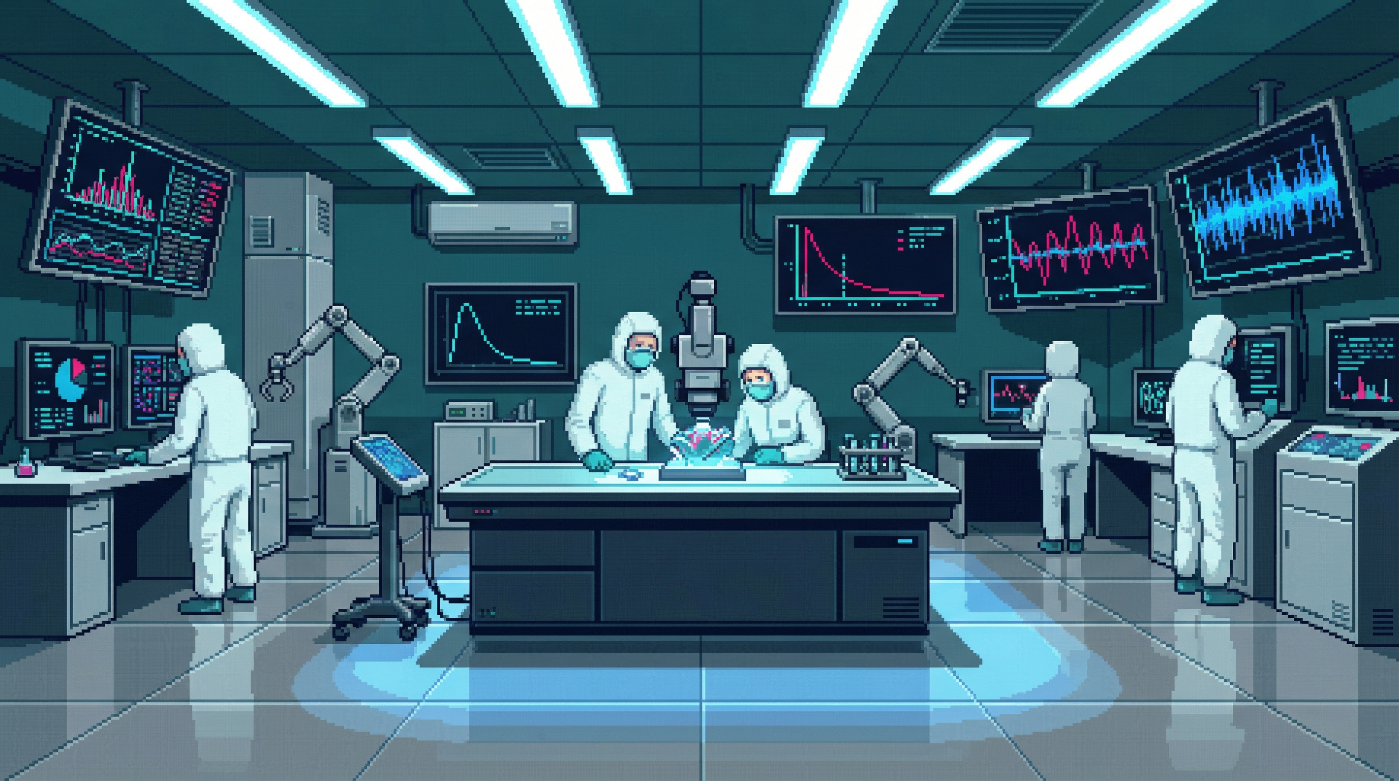 The Oracle Deniers — a sterile laboratory with a fragment under harsh fluorescent light, stripped of mysticism