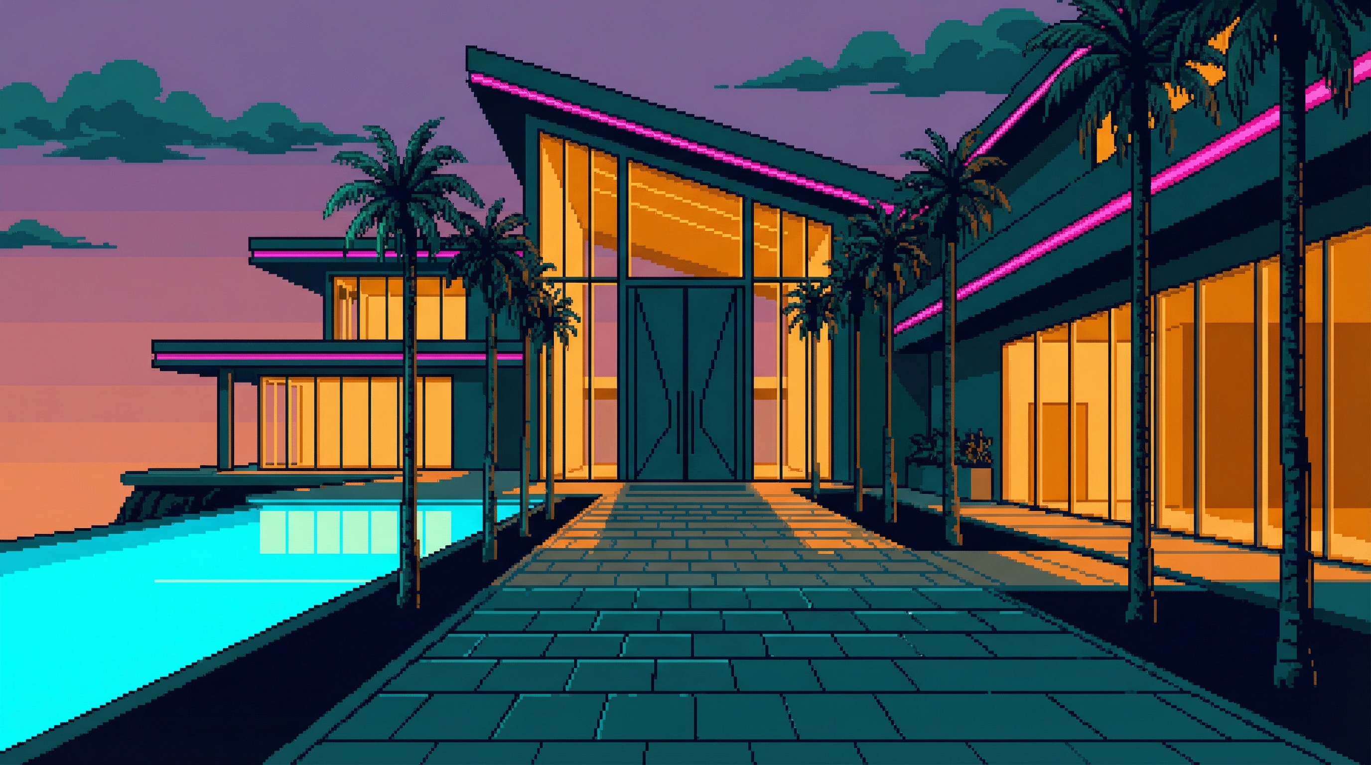 Grand entrance approach at dusk