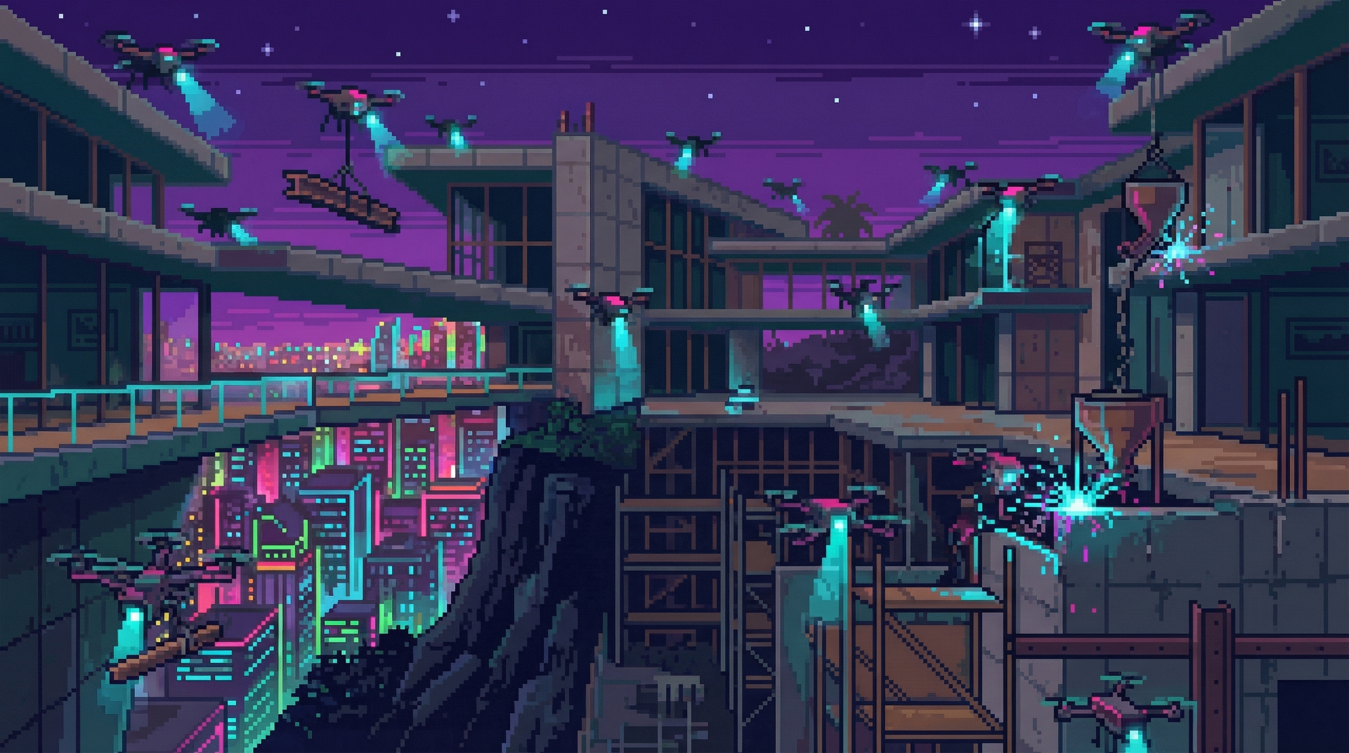 Drone construction crews building Cyber Castle