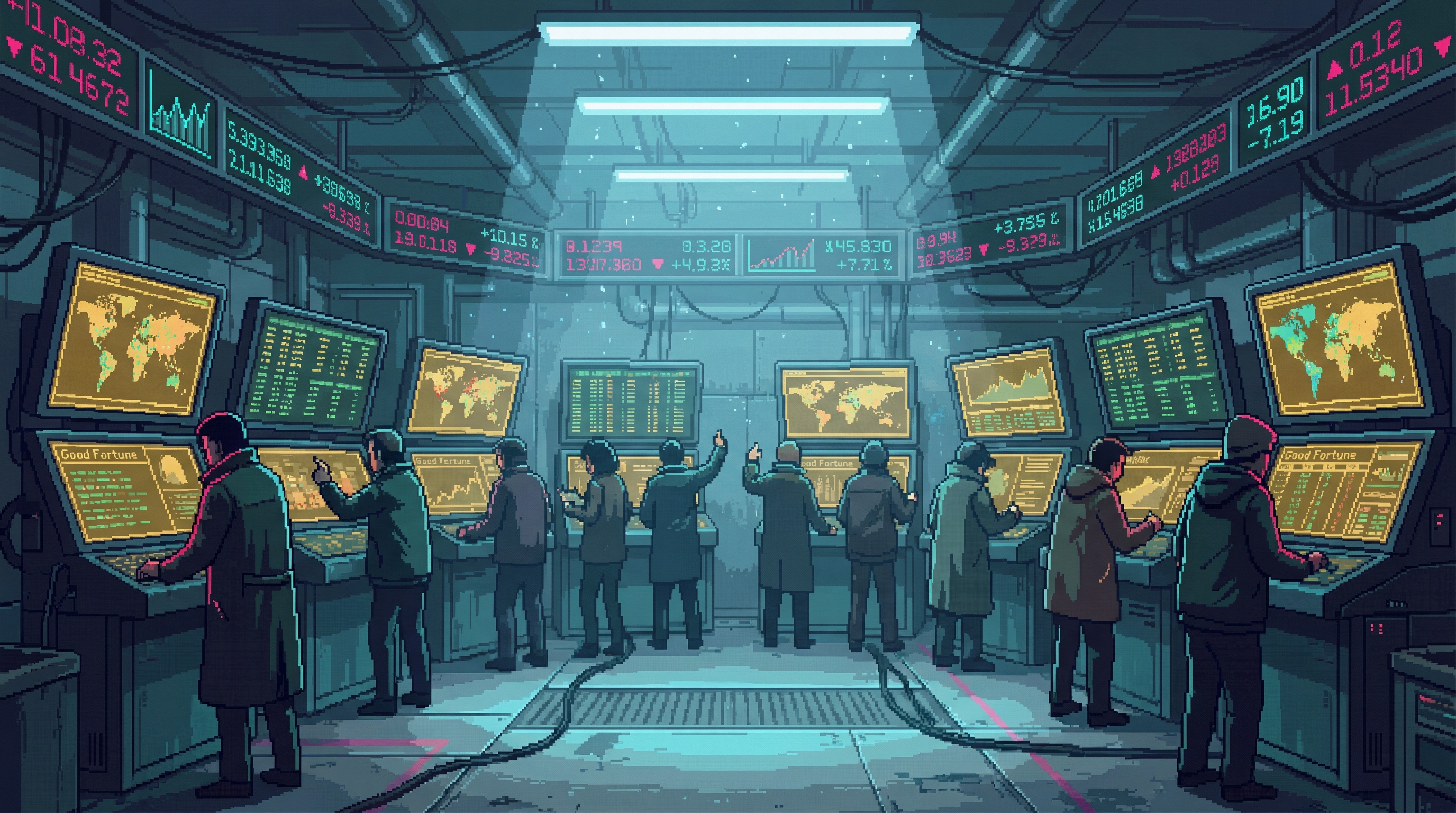 The Attention Auction — a small underground trading floor with twelve terminal stations showing gold-tinted maps of millions of minds