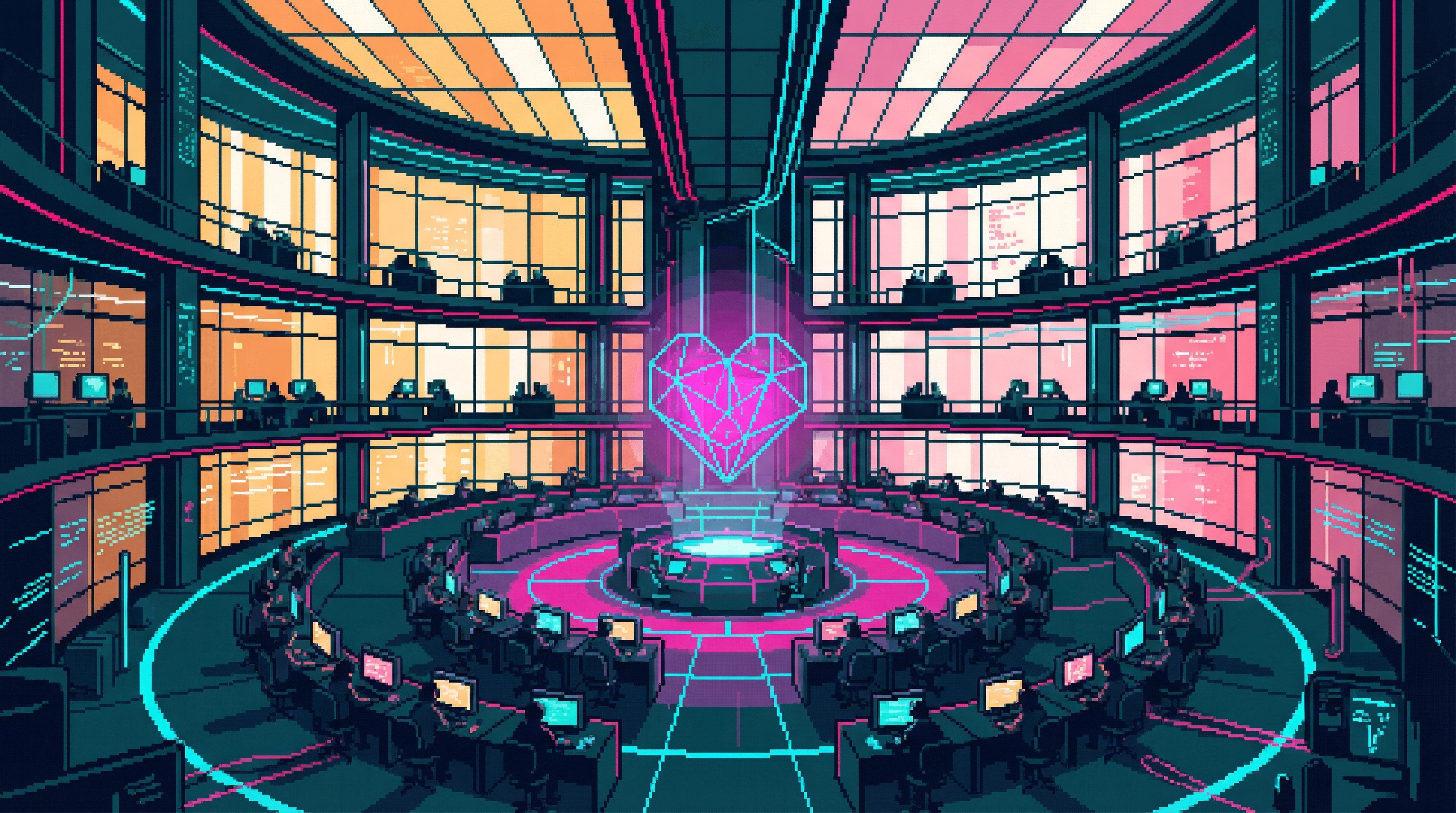 The Performance Temple — a vast four-story atrium with concentric workstation circles radiating from the Lattice Heart, photovoltaic glass casting shifting amber-white-rose light across figures bent in concentration