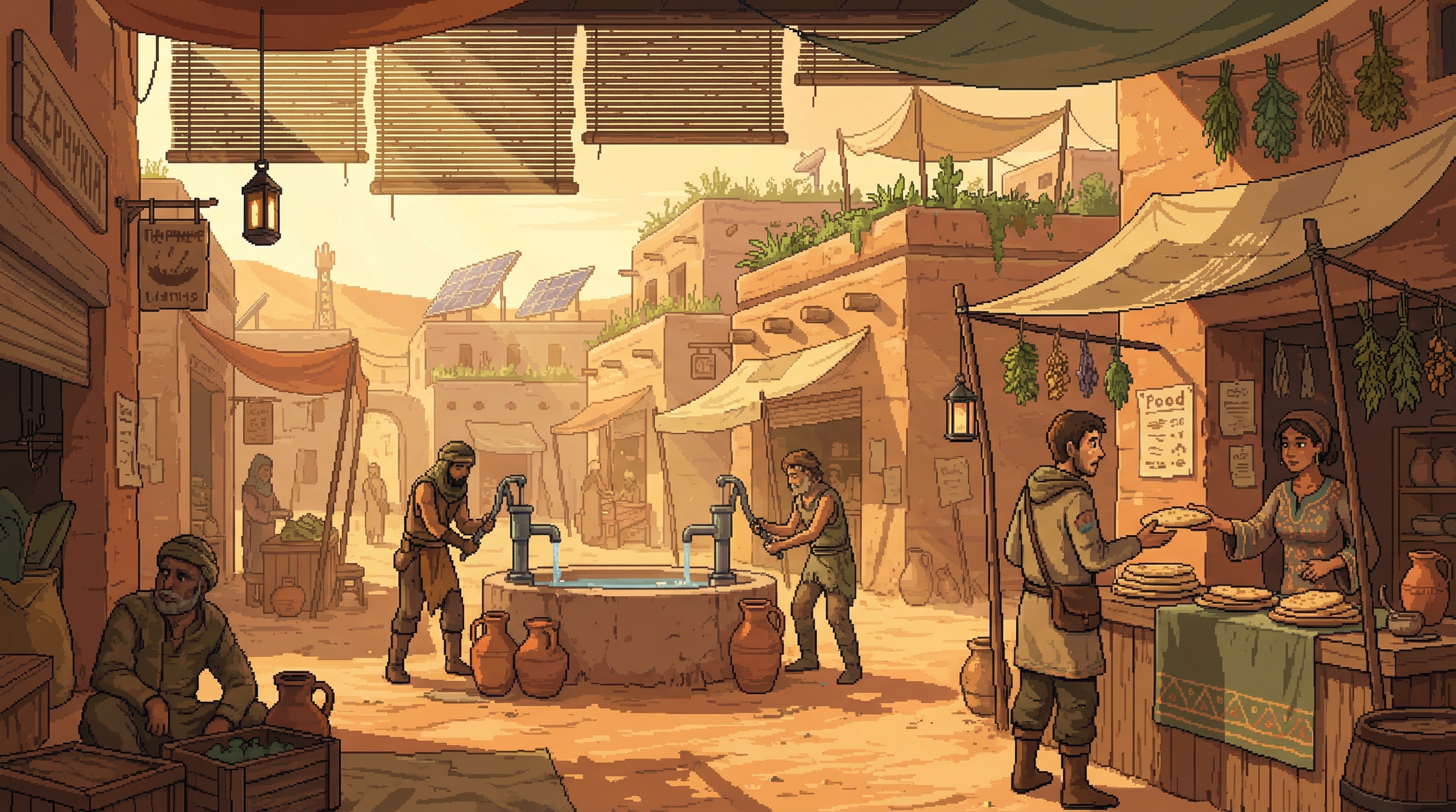 Morning in Zephyria — dusty market street at dawn, people gathering at a communal water pump, rammed earth buildings with rooftop gardens