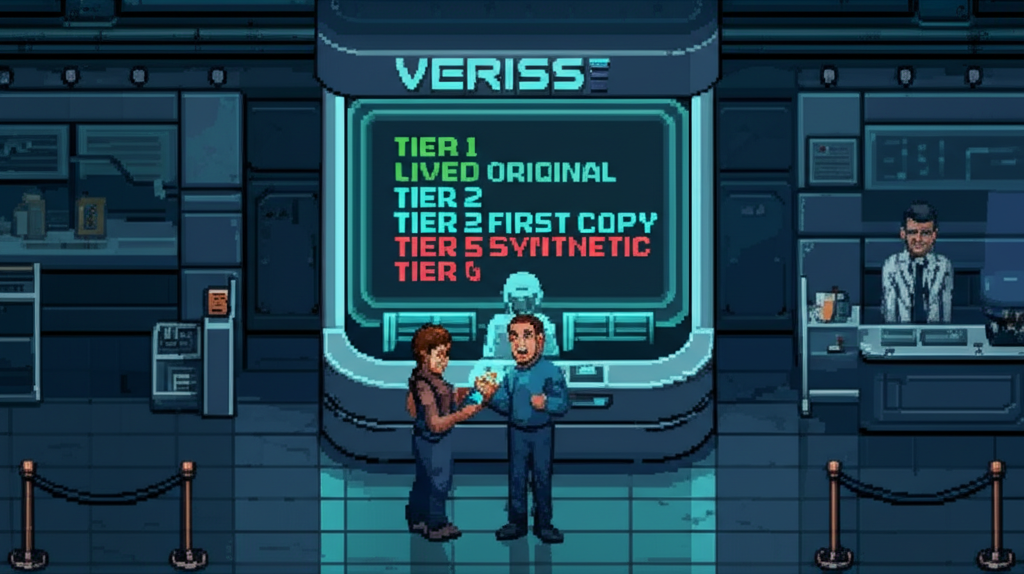 Corporate Verisys verification booth scanning a customer's neural signature, holographic display showing authenticity tiers from Lived Original to Synthetic