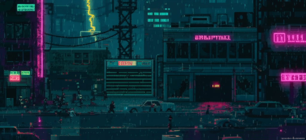 Urban chaos during the Cascade - empty shelves, gridlocked traffic, dying neon signs, emergency lights