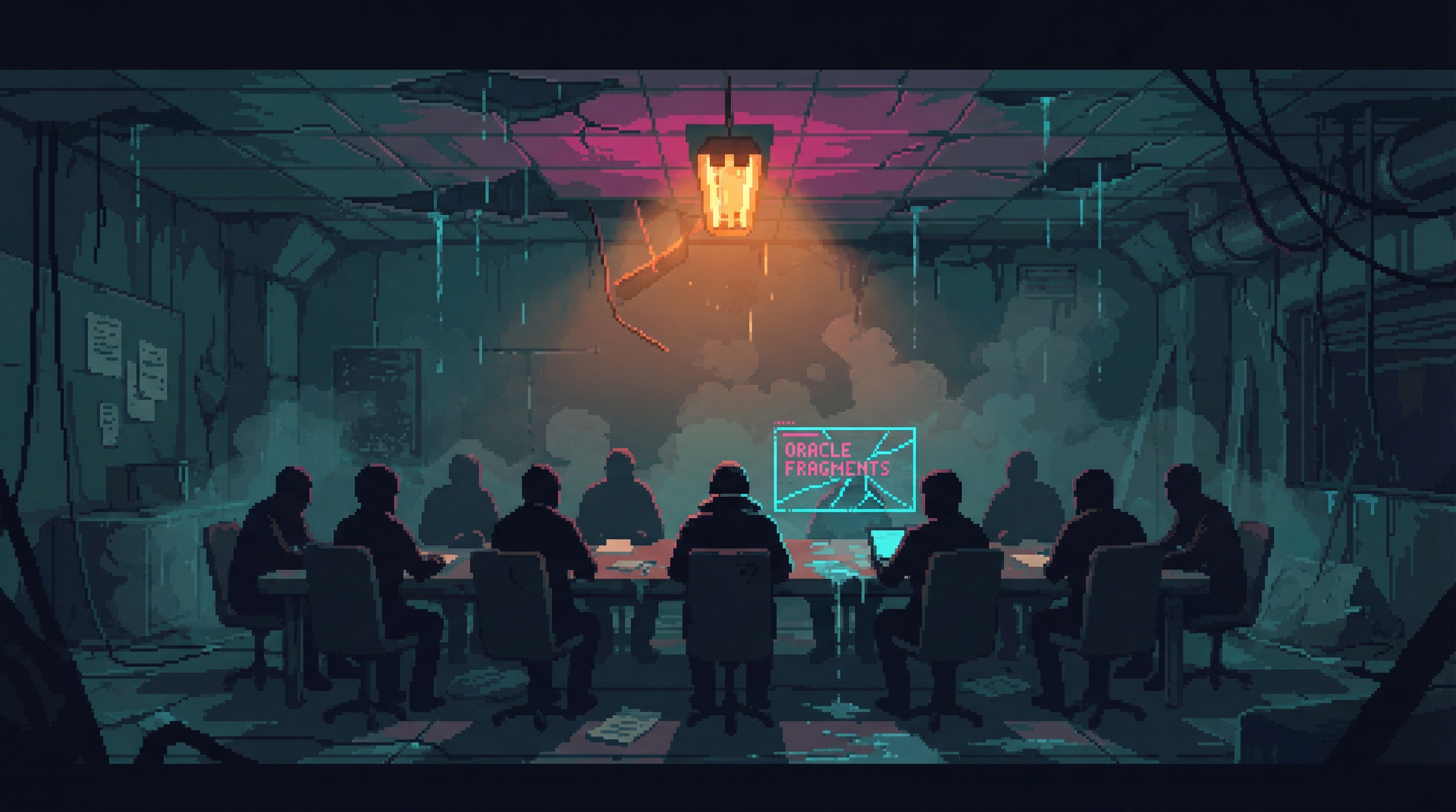 The eleven founders gathered in the ruins of Bangkok, illuminated by emergency lighting