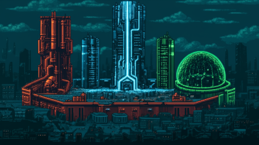 Three corporate towers rising - Nexus, Ironclad, and Helix establishing dominance