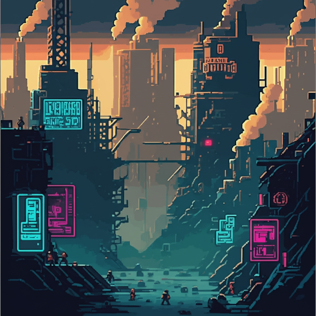 Post-Cascade power vacuum - devastated cityscape with survivors scavenging