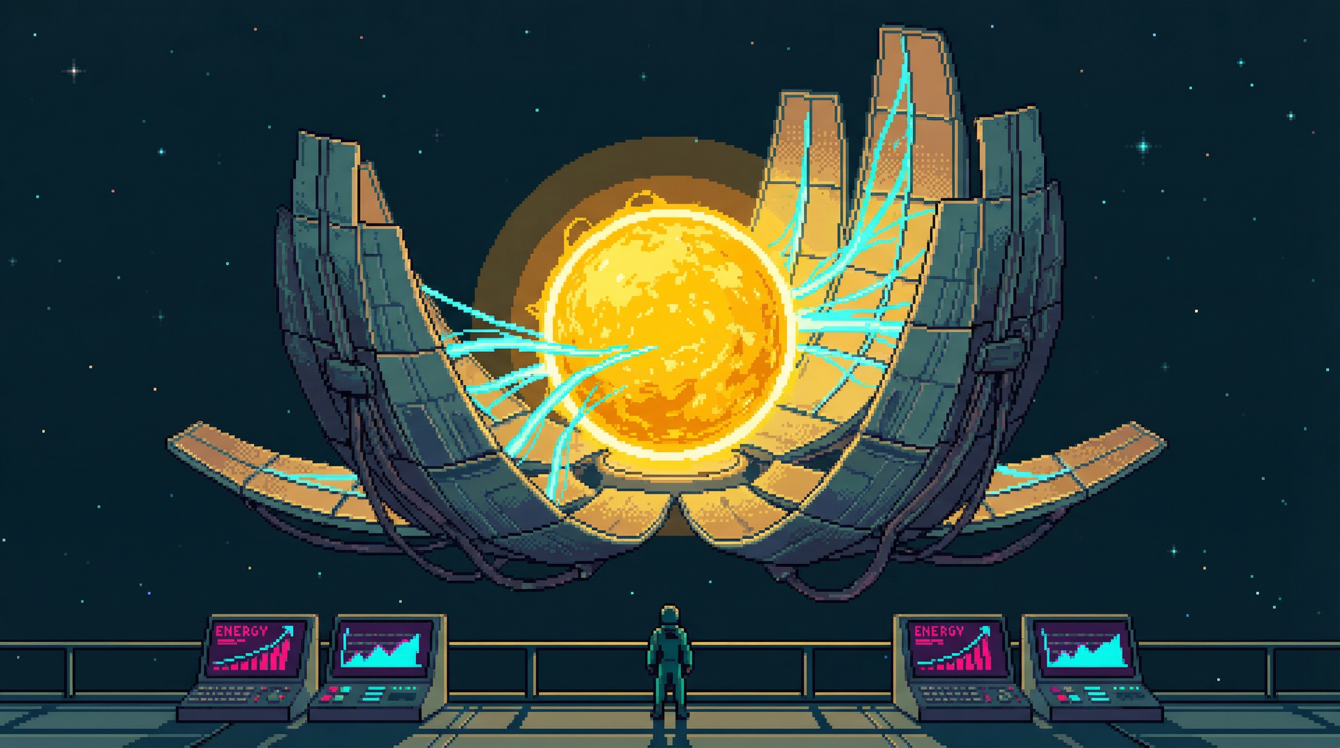 A Dyson Collector unfolds like a metallic flower around a distant star, energy streams flowing from star to collector as a lone figure watches from an observation deck