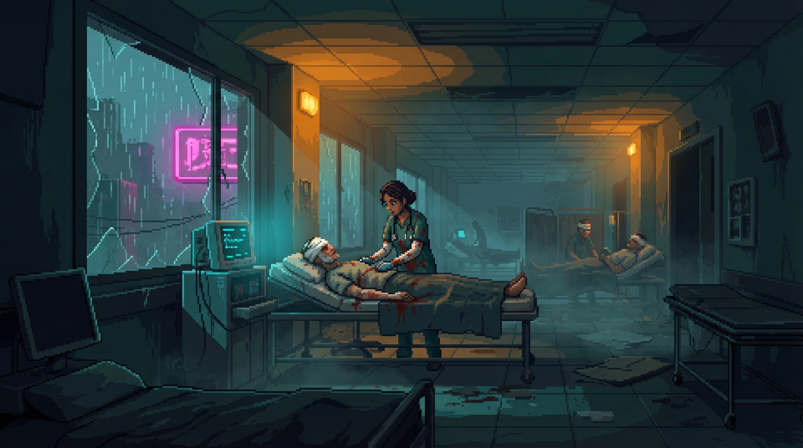 Dr. Priya Sharma tends to a patient in the ruins of Bangkok Central Hospital, where the first Flatliners were saved after ripping out their neural interfaces