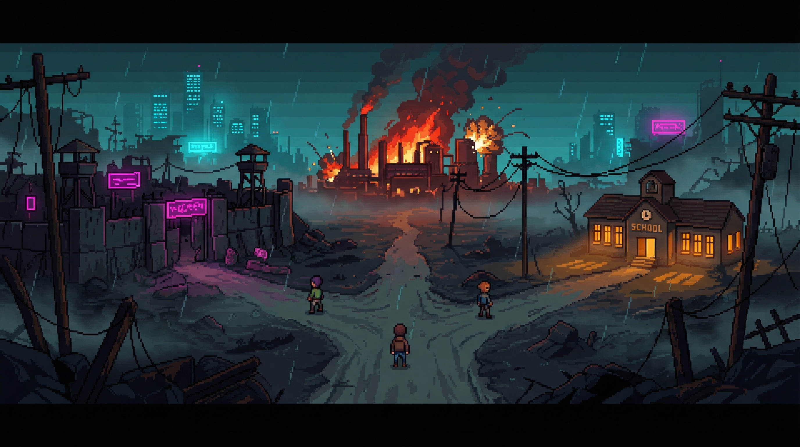 Three figures at a crossroads in the wasteland: one path leads to a fortified settlement, another to a burning factory, and the third to a small schoolhouse with warm light