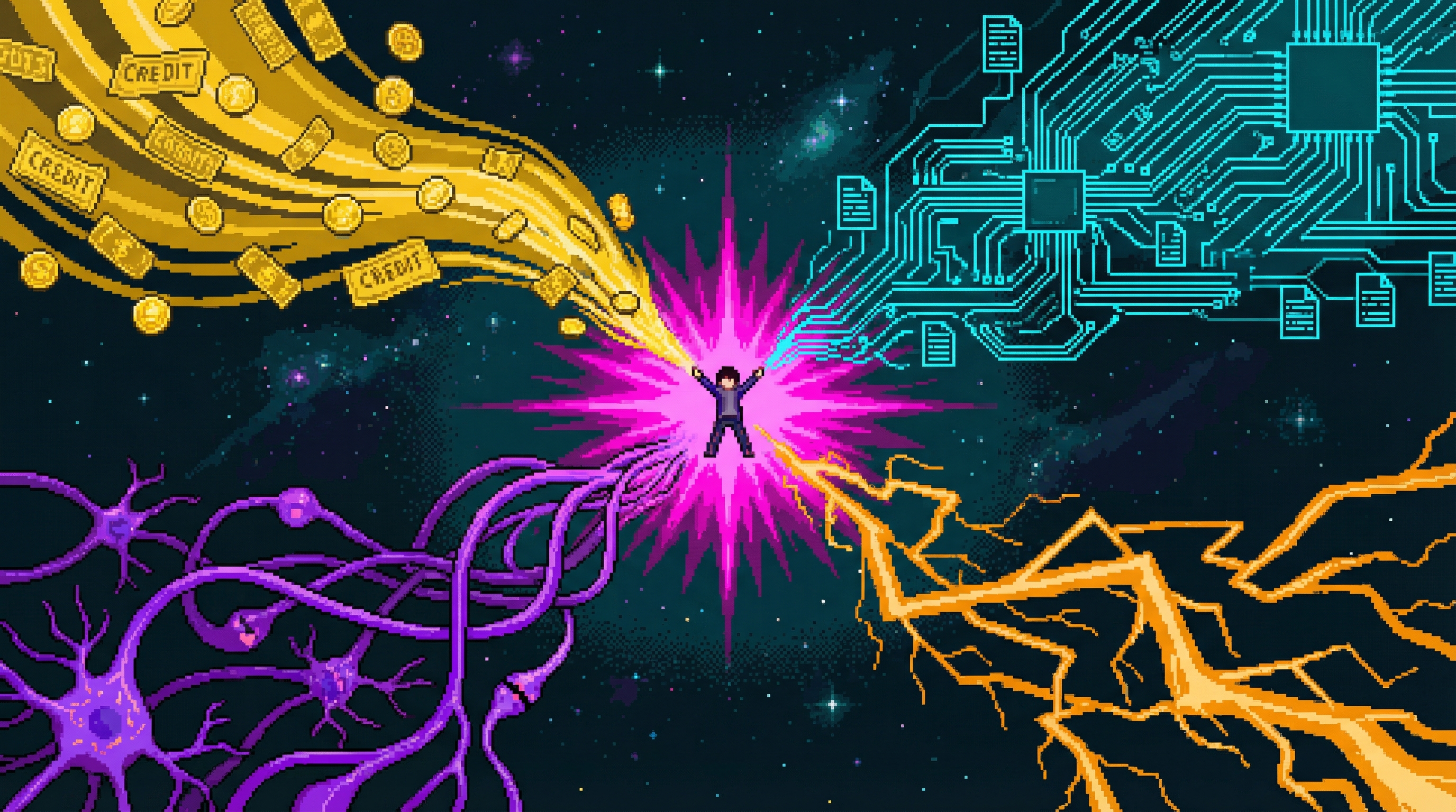 Four cosmic forces — money, computation, intelligence, and energy — converge on a lone figure standing at their intersection point