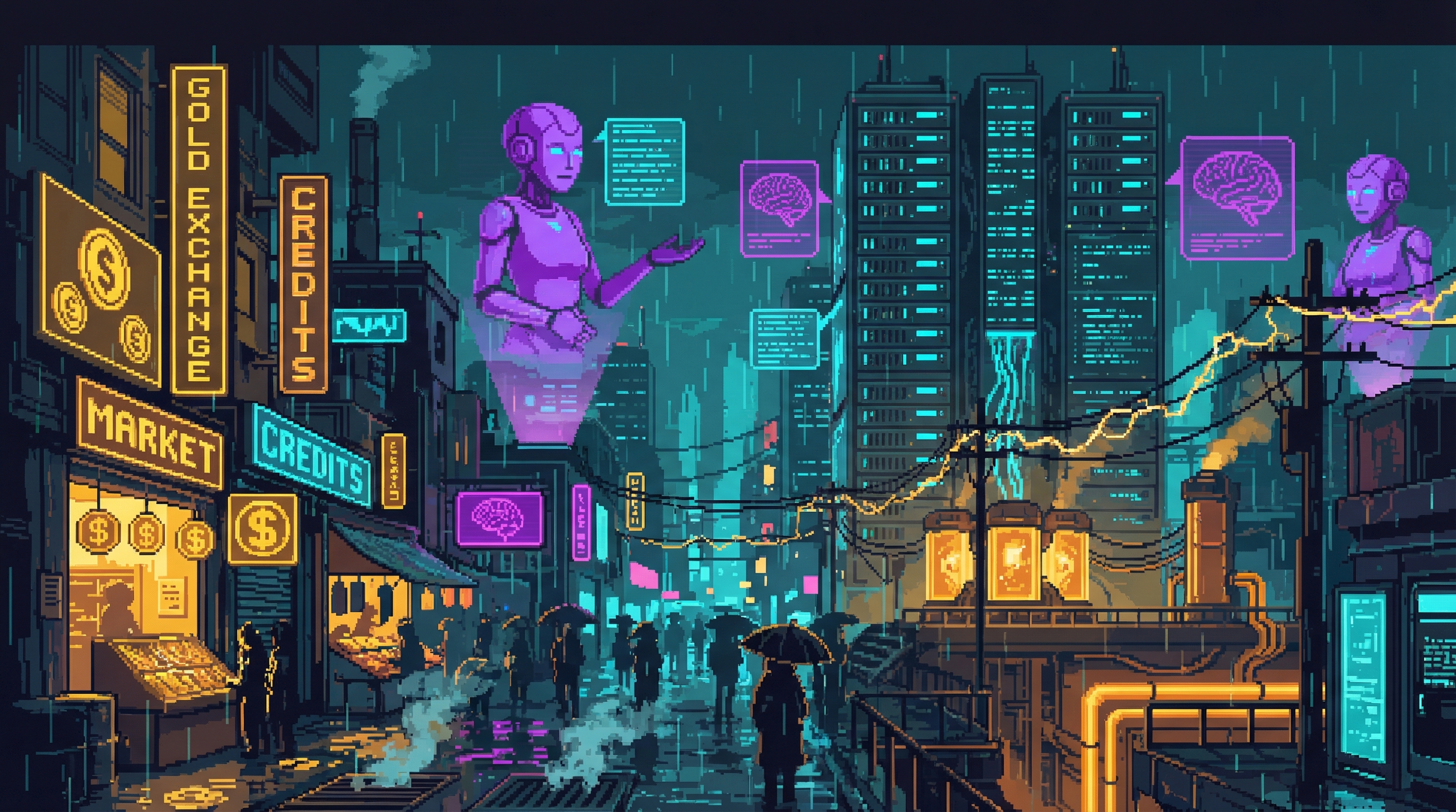 The Sprawl at night showing all four constraints in tension: neon credit markets, server towers, AI holograms, and reactor glow