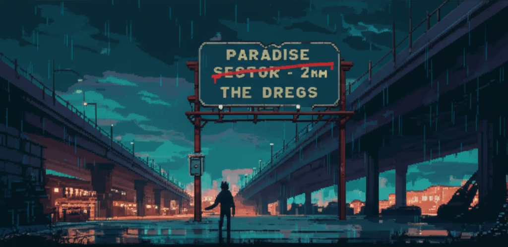 Weathered highway sign for Paradise Sector crossed out, with an old-timer gazing up at it in the rain, collapsed overpass and salvage market in background