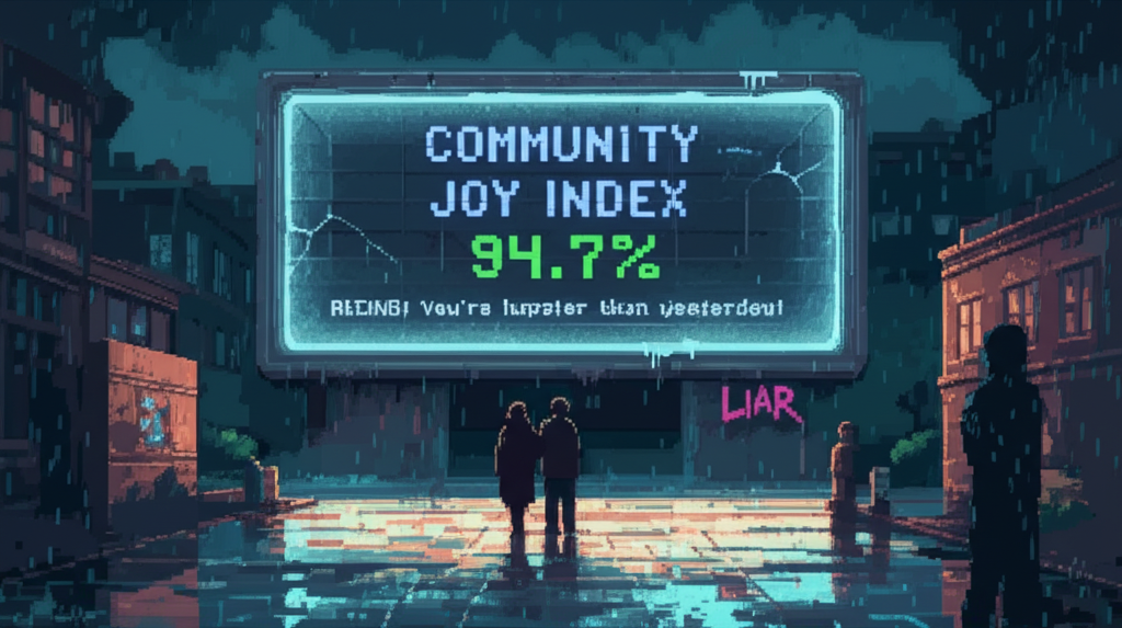 A frozen Joy Index display reading 94.7% while citizens pass by - some mourning, most ignoring