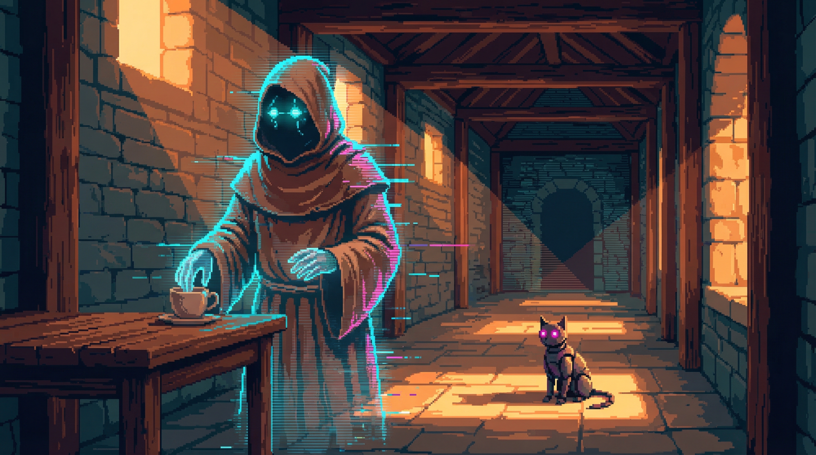 The Keeper's holographic form reaches through a tea cup he cannot feel, while Kaiser watches from a patch of sunlight on the monastery's ancient stone floor