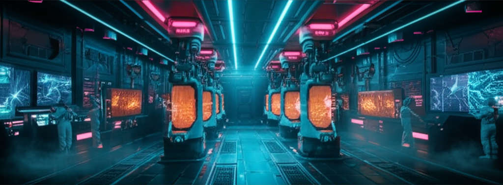 Neural chip fabrication facility with cultivation chambers and holographic displays