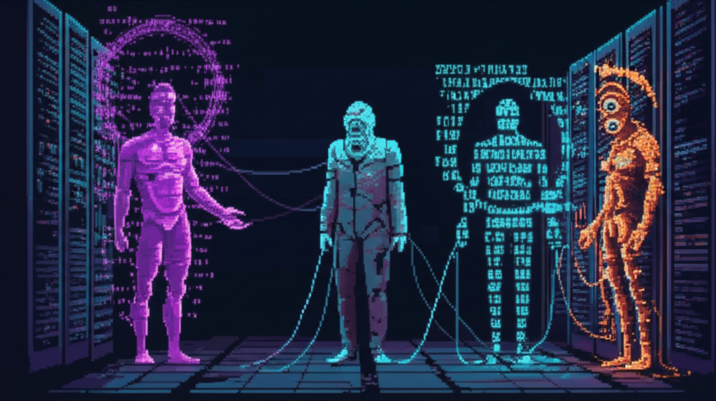 The Prophet, The Accountant, and The Watcher - three ethereal holographic figures in an abandoned data center, connected by ghostly threads of data