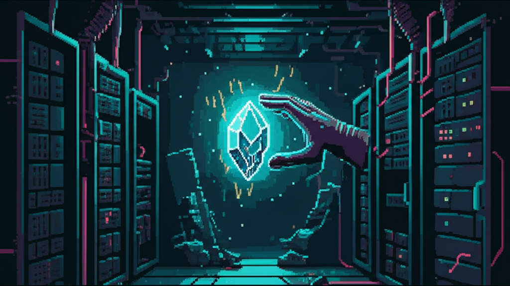 A salvager in a dark server room reaching toward a glowing crystalline shard pulsing with blue light