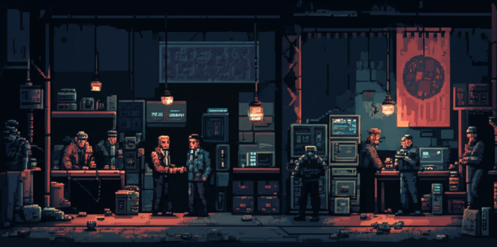 Salvage market in abandoned warehouse with traders exchanging tech components and tokens