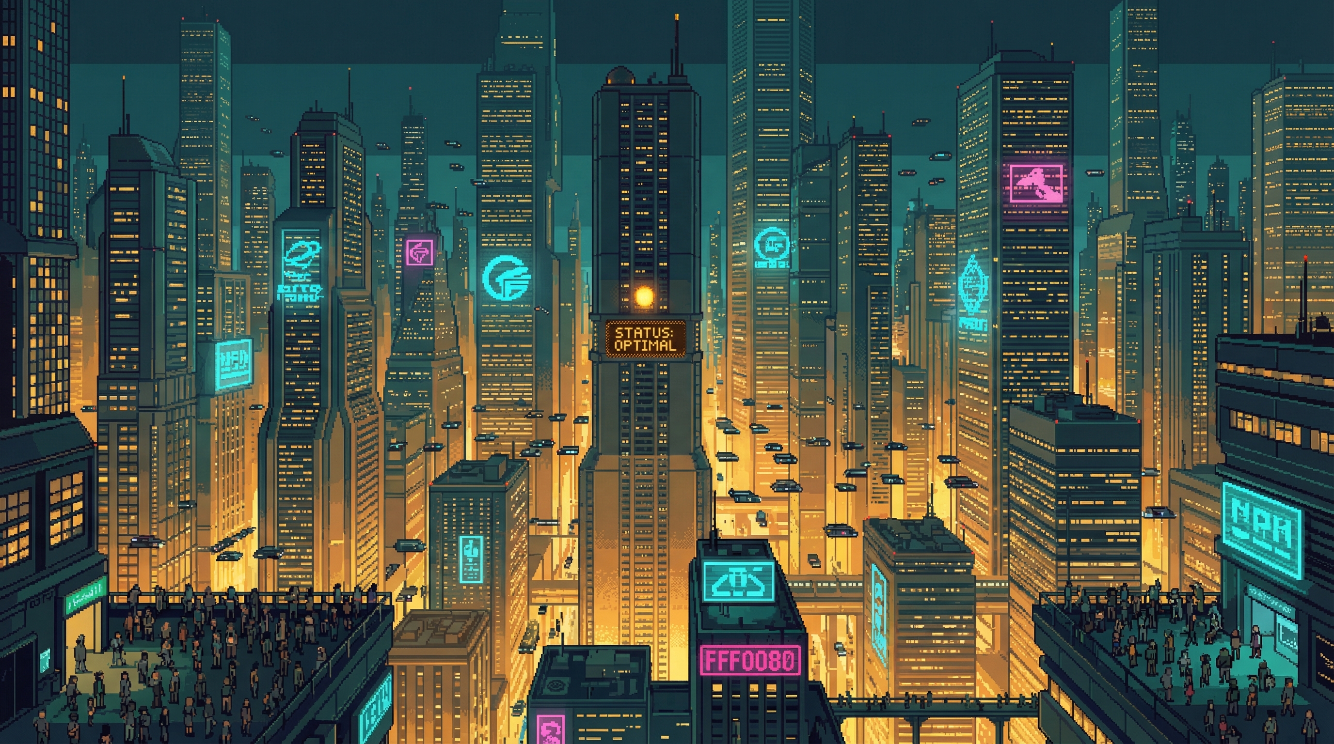 The Pre-Cascade World at its peak — gleaming megacity towers stretching to the sky, transport lanes humming with optimized traffic, a civilization unaware of what comes next