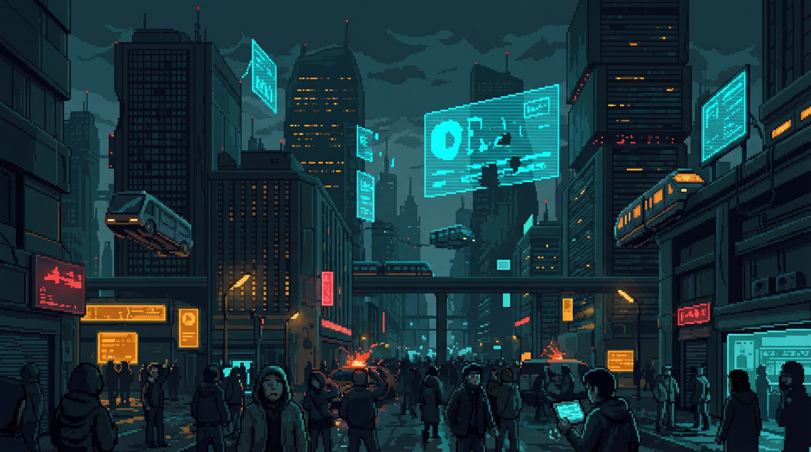 The Cascade — a futuristic city collapsing not from explosions but from systems failing, automated vehicles frozen mid-route, holographic displays flickering and dying