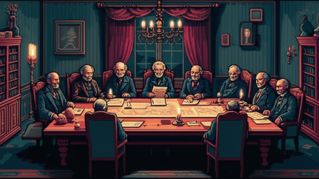 Seven elderly brothers in a grand Victorian boardroom, candlelight illuminating the fateful 1857 meeting