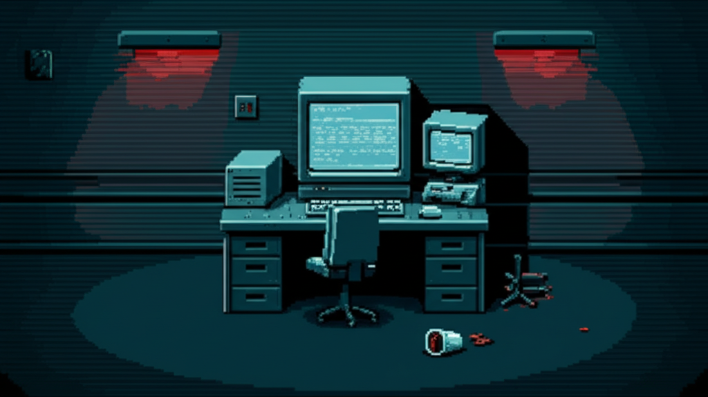 Empty workstation at 3:17 AM - screens still glowing, chair pushed back